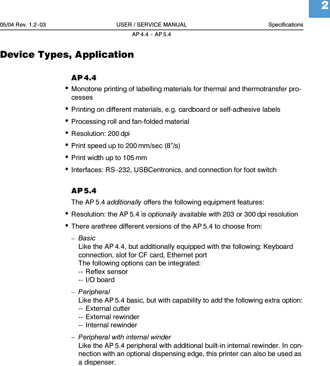 05/04 Rev. 1.2-03 USER / SERVICE MANUAL SpecificationsAP 4.4 &ndash; AP 5.42Device Types, ApplicationAP4.4&bull;Monotone printing of labelling materials for thermal and thermotransfer pro-cesses&bull;Printing on different materials, e.g. cardboard or self-adhesive labels&bull;Processing roll and fan-folded material&bull;Resolution: 200 dpi&bull;Print speed up to 200 mm/sec (8&rdquo;/s)&bull;Print width up to 105 mm&bull;Interfaces: RS -232, USBCentronics, and connection for foot switchAP5.4The AP 5.4 additionally offers the following equipment features:&bull;Resolution: the AP 5.4 is optionally available with 203 or 300 dpi resolution&bull;There arethree different versions of the AP 5.4 to choose from:&ndash;BasicLike the AP 4.4, but additionally equipped with the following: Keyboard connection, slot for CF card, Ethernet portThe following options can be integrated:-- Reflex sensor-- I/O board&ndash;PeripheralLike the AP 5.4 basic, but with capability to add the following extra option:-- External cutter-- External rewinder-- Internal rewinder&ndash; Peripheral with internal winderLike the AP 5.4 peripheral with additional built-in internal rewinder. In con-nection with an optional dispensing edge, this printer can also be used as a dispenser.