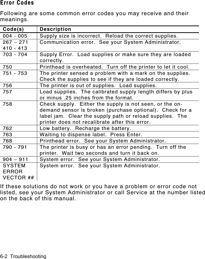 6-2  TroubleshootingError CodesFollowing are some common error codes you may receive and theirmeanings.Code(s) Description004 - 005 Supply size is incorrect.  Reload the correct supplies.267 – 271410 - 413Communication error.  See your System Administrator.703 - 704 Supply Error.  Load supplies or make sure they are loadedcorrectly.750 Printhead is overheated.  Turn off the printer to let it cool.751 - 753 The printer sensed a problem with a mark on the supplies.Check the supplies to see if they are loaded correctly.756 The printer is out of supplies.  Load supplies.757 Load supplies.  The calibrated supply length differs by plusor minus .25 inches from the format.758 Check supply.  Either the supply is not seen, or the on-demand sensor is broken (purchase optional).  Check for alabel jam.  Clear the supply path or reload supplies.  Theprinter does not recalibrate after this error.762 Low battery.  Recharge the battery.763 Waiting to dispense label.  Press Enter.768 Printhead error.  See your System Administrator.790 - 791 The printer is busy or has an error pending.  Turn off theprinter.  Wait two seconds and turn it back on.904 – 911 System error.  See your System Administrator.SYSTEMERRORVECTOR ##System error.  See your System Administrator.If these solutions do not work or you have a problem or error code notlisted, see your System Administrator or call Service at the number listedon the back of this manual.