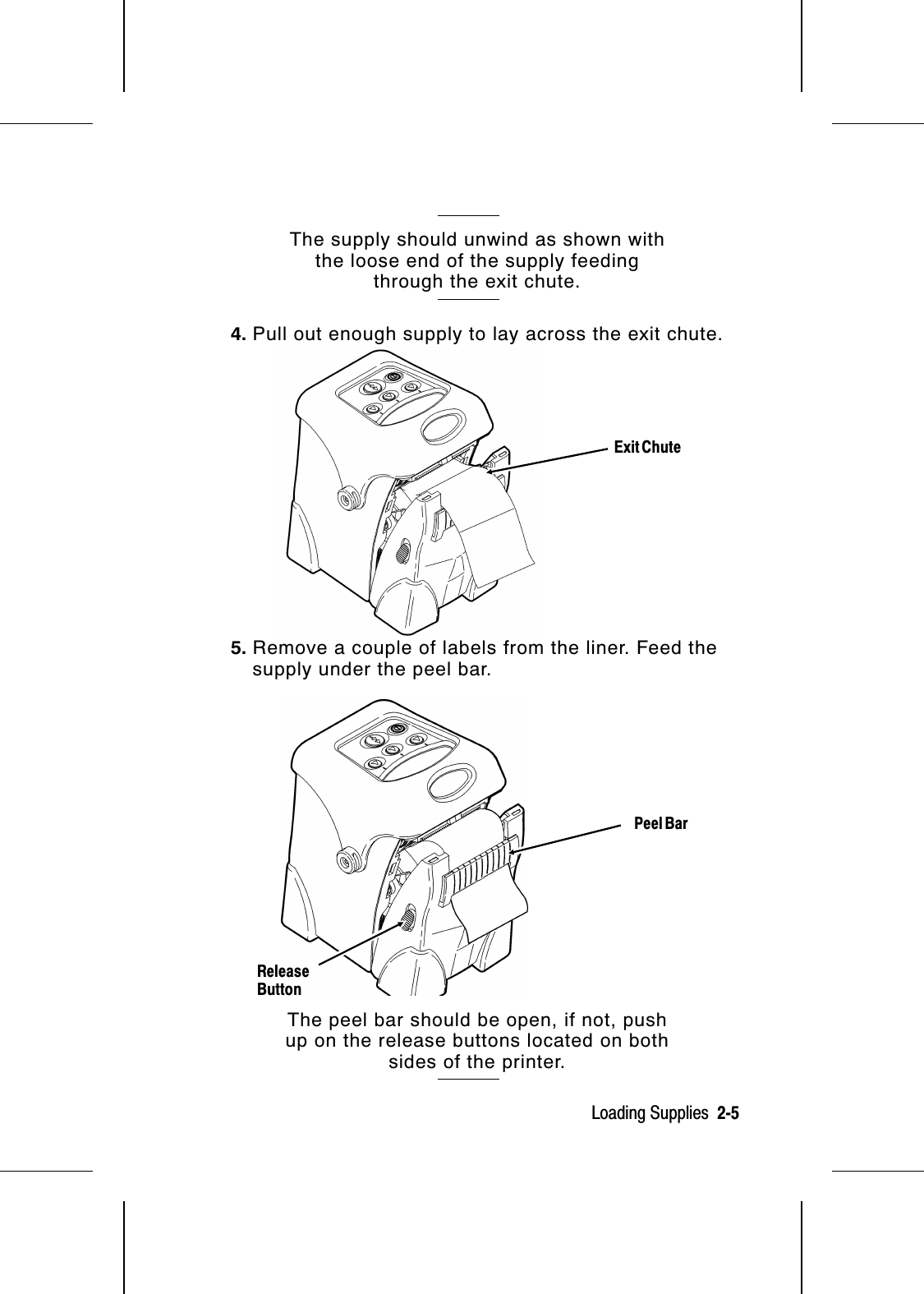 The supply should unwind as shown withthe loose end of the supply feedingthrough the exit chute.4. Pull out enough supply to lay across the exit chute.5. Remove a couple of labels from the liner. Feed thesupply under the peel bar.The peel bar should be open, if not, pushup on the release buttons located on bothsides of the printer.Peel BarReleaseButtonExit ChuteLoading Supplies  2-5