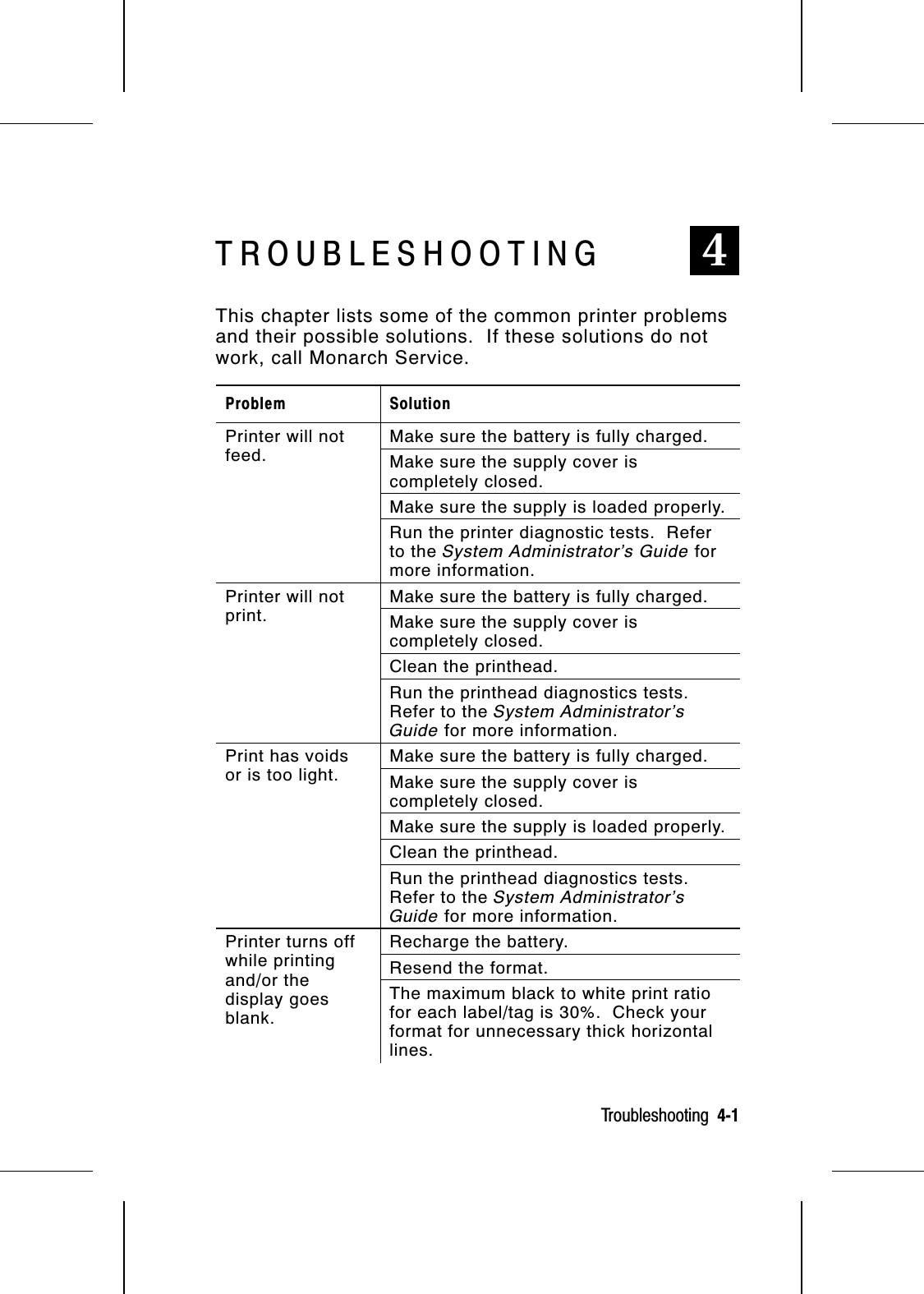 TROUBLESHOOTING 4This chapter lists some of the common printer problemsand their possible solutions.  If these solutions do notwork, call Monarch Service.Problem SolutionPrinter will notfeed.Make sure the battery is fully charged.Make sure the supply cover iscompletely closed.Make sure the supply is loaded properly.Run the printer diagnostic tests.  Referto the System Administrator’s Guide formore information.Printer will notprint.Make sure the battery is fully charged.Make sure the supply cover iscompletely closed.Clean the printhead.Run the printhead diagnostics tests.Refer to the System Administrator’sGuide for more information.Print has voidsor is too light.Make sure the battery is fully charged.Make sure the supply cover iscompletely closed.Make sure the supply is loaded properly.Clean the printhead.Run the printhead diagnostics tests.Refer to the System Administrator’sGuide for more information.Printer turns offwhile printingand/or thedisplay goesblank.Recharge the battery.Resend the format.The maximum black to white print ratiofor each label/tag is 30%.  Check yourformat for unnecessary thick horizontallines.Troubleshooting  4-1