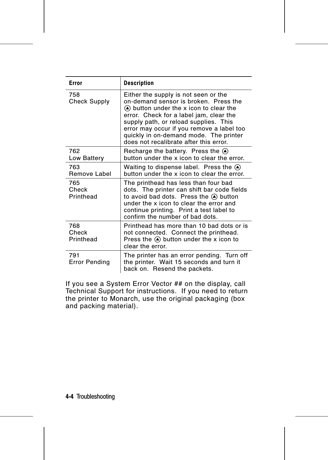 Error Description758Check SupplyEither the supply is not seen or theon-demand sensor is broken.  Press theA button under the x icon to clear theerror.  Check for a label jam, clear thesupply path, or reload supplies.  Thiserror may occur if you remove a label tooquickly in on-demand mode.  The printerdoes not recalibrate after this error.  762Low BatteryRecharge the battery.  Press the Abutton under the x icon to clear the error.763Remove LabelWaiting to dispense label.  Press the Abutton under the x icon to clear the error.765CheckPrintheadThe printhead has less than four baddots.  The printer can shift bar code fieldsto avoid bad dots.  Press the A buttonunder the x icon to clear the error andcontinue printing.  Print a test label toconfirm the number of bad dots. 768CheckPrintheadPrinthead has more than 10 bad dots or isnot connected.  Connect the printhead.Press the A button under the x icon toclear the error.791Error PendingThe printer has an error pending.  Turn offthe printer.  Wait 15 seconds and turn itback on.  Resend the packets.If you see a System Error Vector ## on the display, callTechnical Support for instructions.  If you need to returnthe printer to Monarch, use the original packaging (boxand packing material). 4-4  Troubleshooting