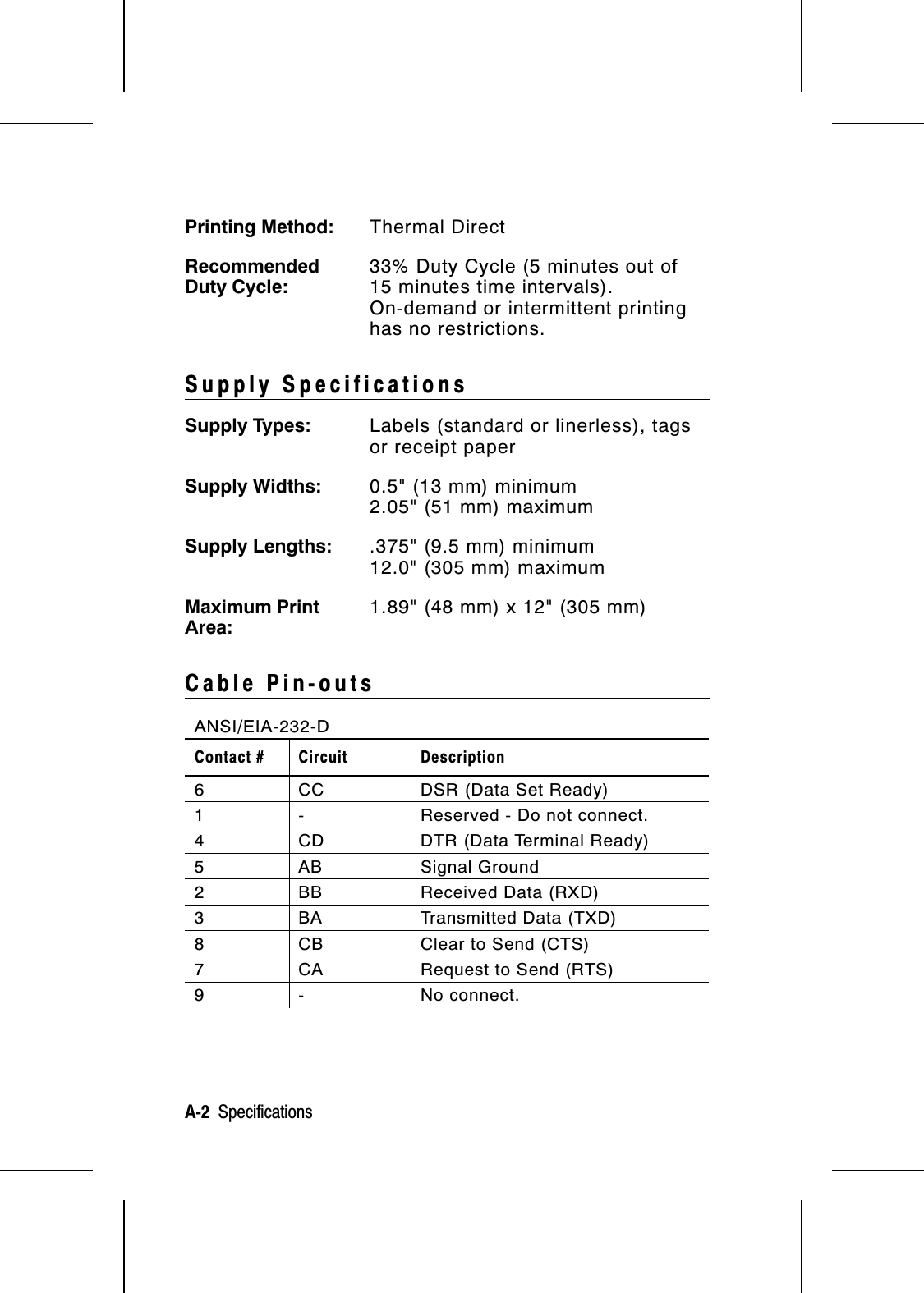 Printing Method: Thermal DirectRecommendedDuty Cycle:33% Duty Cycle (5 minutes out of15 minutes time intervals).On-demand or intermittent printinghas no restrictions.Supply SpecificationsSupply Types: Labels (standard or linerless), tagsor receipt paperSupply Widths: 0.5&quot; (13 mm) minimum2.05&quot; (51 mm) maximumSupply Lengths: .375&quot; (9.5 mm) minimum12.0&quot; (305 mm) maximumMaximum Print Area:1.89&quot; (48 mm) x 12&quot; (305 mm)Cable Pin-outsANSI/EIA-232-DContact # Circuit Description6 CC DSR (Data Set Ready)1 - Reserved - Do not connect.4 CD DTR (Data Terminal Ready)5 AB Signal Ground2 BB Received Data (RXD)3 BA Transmitted Data (TXD)8 CB Clear to Send (CTS)7 CA Request to Send (RTS)9 - No connect.A-2  Specifications