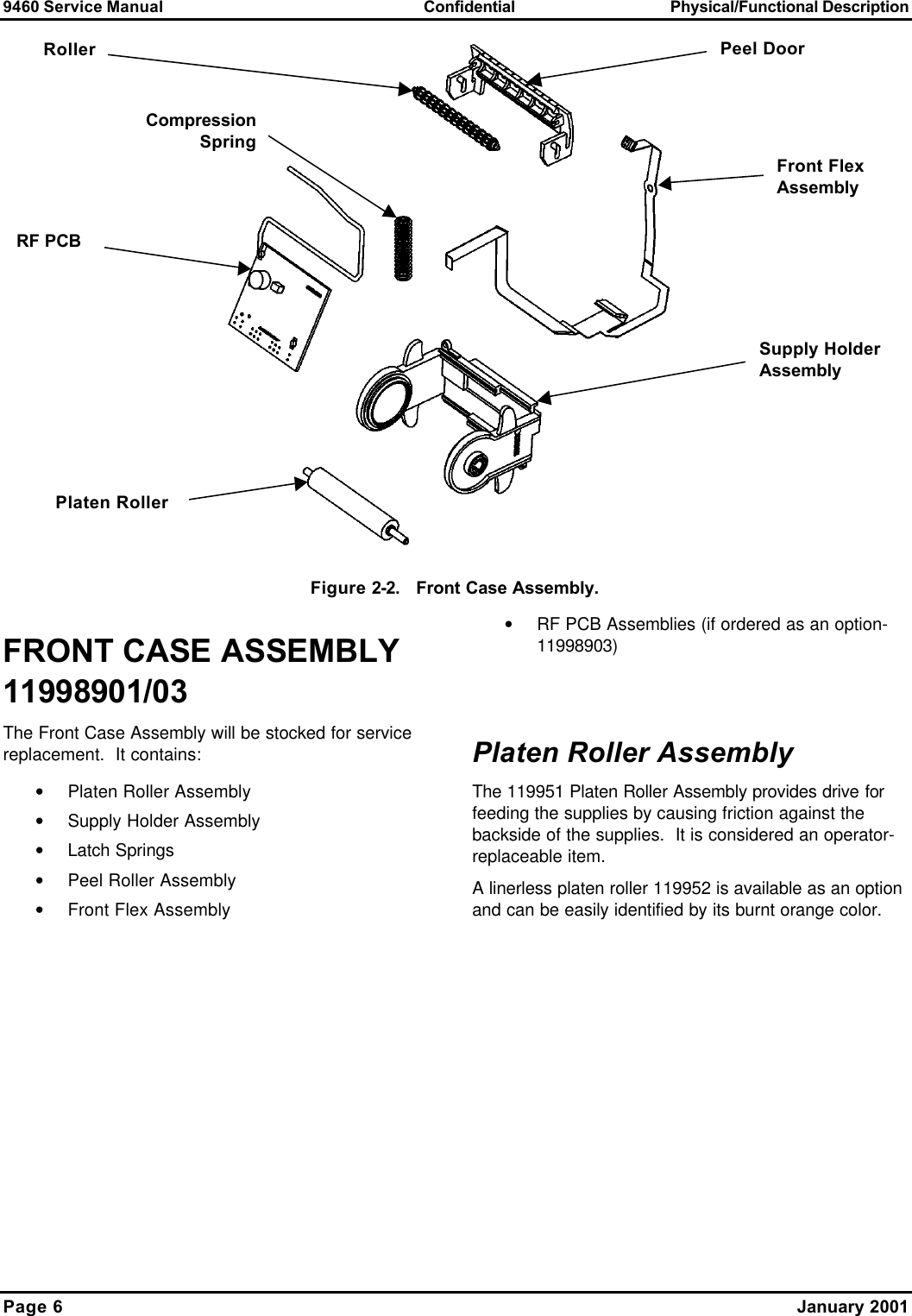 9460 Service Manual Confidential Physical/Functional Description Page 6    January 2001  Figure 2-2.   Front Case Assembly. FRONT CASE ASSEMBLY 11998901/03 The Front Case Assembly will be stocked for service replacement.  It contains: • Platen Roller Assembly • Supply Holder Assembly • Latch Springs • Peel Roller Assembly • Front Flex Assembly • RF PCB Assemblies (if ordered as an option-11998903)   Platen Roller Assembly The 119951 Platen Roller Assembly provides drive for feeding the supplies by causing friction against the backside of the supplies.  It is considered an operator-replaceable item.  A linerless platen roller 119952 is available as an option and can be easily identified by its burnt orange color. Peel Door Compression SpringRF PCB Front Flex Assembly Platen Roller Supply Holder Assembly Roller 