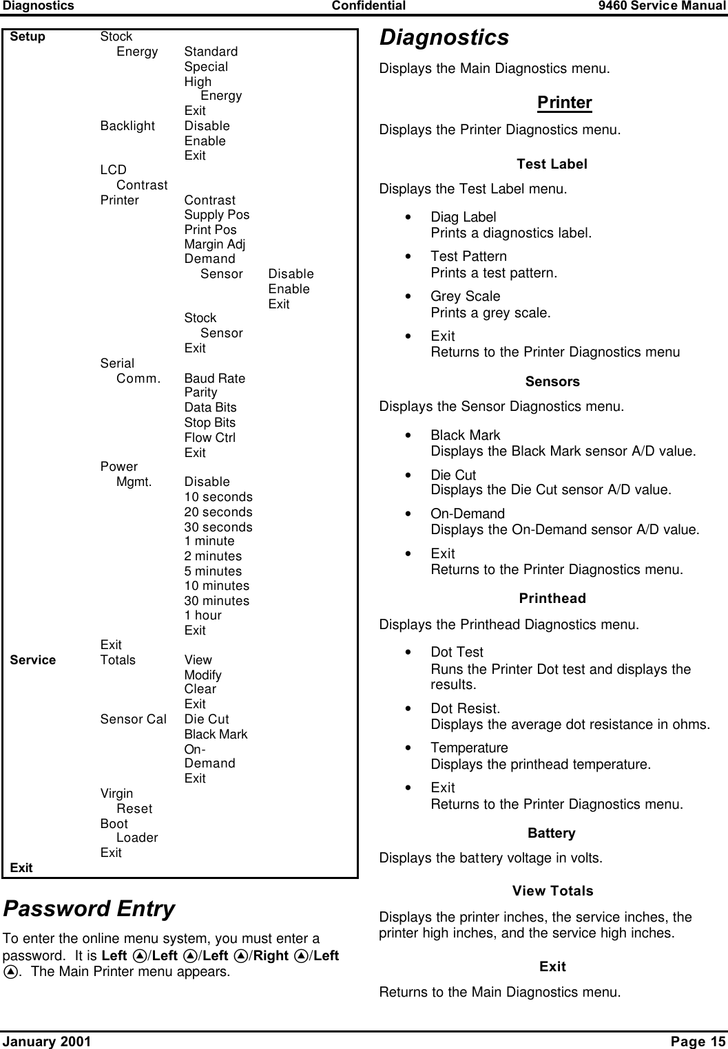 Diagnostics Confidential 9460 Service Manual January 2001    Page 15  Setup Stock      Energy  Standard      Special       High      Energy      Exit    Backlight Disable       Enable       Exit    LCD      Contrast     Printer Contrast       Supply Pos       Print Pos       Margin Adj       Demand      Sensor  Disable     Enable     Exit     Stock      Sensor      Exit    Serial      Comm.  Baud Rate      Parity       Data Bits       Stop Bits       Flow Ctrl       Exit    Power      Mgmt.  Disable      10 seconds       20 seconds       30 seconds       1 minute       2 minutes       5 minutes       10 minutes       30 minutes       1 hour       Exit    Exit     Service Totals View       Modify       Clear       Exit    Sensor Cal Die Cut       Black Mark       On-Demand      Exit    Virgin      Reset     Boot      Loader     Exit     Exit    Password Entry To enter the online menu system, you must enter a password.  It is Left A/Left A/Left A/Right A/Left A.  The Main Printer menu appears. Diagnostics Displays the Main Diagnostics menu. Printer Displays the Printer Diagnostics menu. Test Label Displays the Test Label menu. • Diag Label Prints a diagnostics label. • Test Pattern Prints a test pattern. • Grey Scale Prints a grey scale. • Exit Returns to the Printer Diagnostics menu Sensors Displays the Sensor Diagnostics menu. • Black Mark Displays the Black Mark sensor A/D value. • Die Cut Displays the Die Cut sensor A/D value. • On-Demand Displays the On-Demand sensor A/D value. • Exit Returns to the Printer Diagnostics menu. Printhead Displays the Printhead Diagnostics menu. • Dot Test Runs the Printer Dot test and displays the results. • Dot Resist. Displays the average dot resistance in ohms. • Temperature Displays the printhead temperature. • Exit Returns to the Printer Diagnostics menu. Battery Displays the battery voltage in volts. View Totals Displays the printer inches, the service inches, the printer high inches, and the service high inches. Exit Returns to the Main Diagnostics menu. 