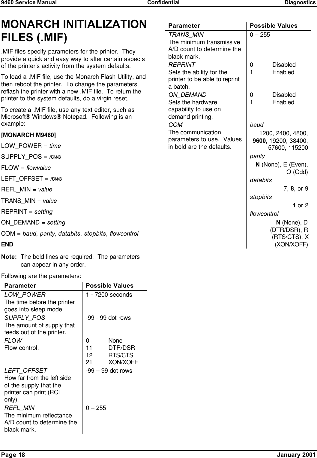 9460 Service Manual Confidential Diagnostics Page 18    January 2001 MONARCH INITIALIZATION FILES (.MIF) .MIF files specify parameters for the printer.  They provide a quick and easy way to alter certain aspects of the printer’s activity from the system defaults. To load a .MIF file, use the Monarch Flash Utility, and then reboot the printer.  To change the parameters, reflash the printer with a new .MIF file.  To return the printer to the system defaults, do a virgin reset.   To create a .MIF file, use any text editor, such as Microsoft® Windows® Notepad.  Following is an example: [MONARCH M9460] LOW_POWER = time SUPPLY_POS = rows  FLOW = flowvalue LEFT_OFFSET = rows  REFL_MIN = value TRANS_MIN = value REPRINT = setting ON_DEMAND = setting COM = baud, parity, databits, stopbits, flowcontrol END Note: The bold lines are required.  The parameters can appear in any order. Following are the parameters: Parameter Possible Values LOW_POWER The time before the printer goes into sleep mode. 1 - 7200 seconds SUPPLY_POS The amount of supply that feeds out of the printer. -99 - 99 dot rows FLOW Flow control. 0 None 11 DTR/DSR 12 RTS/CTS 21 XON/XOFF LEFT_OFFSET How far from the left side of the supply that the printer can print (RCL only). -99 – 99 dot rows REFL_MIN The minimum reflectance A/D count to determine the black mark. 0 – 255   Parameter Possible Values TRANS_MIN The minimum transmissive A/D count to determine the black mark. 0 – 255 REPRINT Sets the ability for the printer to be able to reprint a batch. 0 Disabled 1 Enabled ON_DEMAND Sets the hardware capability to use on demand printing. 0 Disabled 1 Enabled COM The communication parameters to use.  Values in bold are the defaults. baud 1200, 2400, 4800, 9600, 19200, 38400, 57600, 115200 parity N (None), E (Even), O (Odd) databits 7, 8, or 9 stopbits 1 or 2 flowcontrol N (None), D (DTR/DSR), R (RTS/CTS), X (XON/XOFF) 