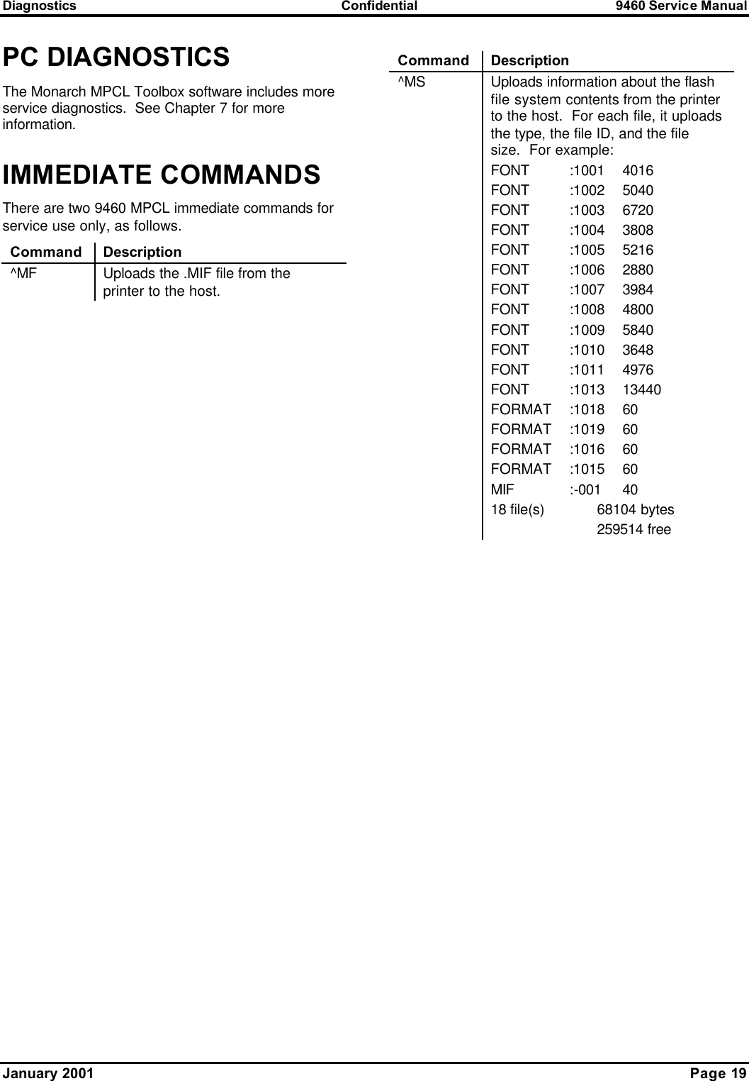 Diagnostics Confidential 9460 Service Manual January 2001    Page 19 PC DIAGNOSTICS The Monarch MPCL Toolbox software includes more service diagnostics.  See Chapter 7 for more information. IMMEDIATE COMMANDS There are two 9460 MPCL immediate commands for service use only, as follows. Command Description ^MF Uploads the .MIF file from the printer to the host.   Command Description ^MS Uploads information about the flash file system contents from the printer to the host.  For each file, it uploads the type, the file ID, and the file size.  For example: FONT :1001 4016 FONT :1002 5040 FONT :1003 6720 FONT :1004 3808 FONT :1005 5216 FONT :1006 2880 FONT :1007 3984 FONT :1008 4800 FONT :1009 5840 FONT :1010 3648 FONT :1011 4976 FONT :1013 13440 FORMAT :1018 60 FORMAT :1019 60 FORMAT :1016 60 FORMAT :1015 60 MIF :-001 40 18 file(s)  68104 bytes   259514 free  