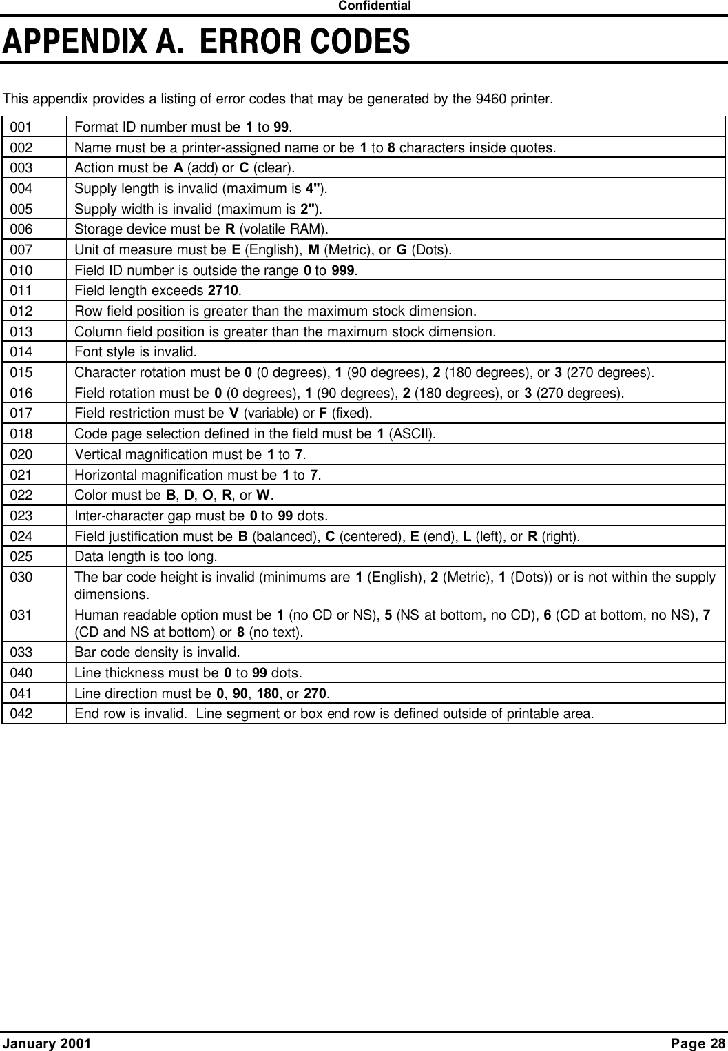  Confidential   January 2001    Page 28 APPENDIX A.  ERROR CODES This appendix provides a listing of error codes that may be generated by the 9460 printer. 001 Format ID number must be 1 to 99. 002 Name must be a printer-assigned name or be 1 to 8 characters inside quotes. 003 Action must be A (add) or C (clear). 004 Supply length is invalid (maximum is 4&quot;). 005 Supply width is invalid (maximum is 2&quot;). 006 Storage device must be R (volatile RAM). 007 Unit of measure must be E (English), M (Metric), or G (Dots). 010 Field ID number is outside the range 0 to 999. 011 Field length exceeds 2710. 012 Row field position is greater than the maximum stock dimension.  013 Column field position is greater than the maximum stock dimension. 014 Font style is invalid. 015 Character rotation must be 0 (0 degrees), 1 (90 degrees), 2 (180 degrees), or 3 (270 degrees). 016 Field rotation must be 0 (0 degrees), 1 (90 degrees), 2 (180 degrees), or 3 (270 degrees). 017 Field restriction must be V (variable) or F (fixed). 018 Code page selection defined in the field must be 1 (ASCII). 020 Vertical magnification must be 1 to 7. 021 Horizontal magnification must be 1 to 7. 022 Color must be B, D, O, R, or W. 023 Inter-character gap must be 0 to 99 dots. 024 Field justification must be B (balanced), C (centered), E (end), L (left), or R (right). 025 Data length is too long. 030 The bar code height is invalid (minimums are 1 (English), 2 (Metric), 1 (Dots)) or is not within the supply dimensions. 031 Human readable option must be 1 (no CD or NS), 5 (NS at bottom, no CD), 6 (CD at bottom, no NS), 7 (CD and NS at bottom) or 8 (no text). 033 Bar code density is invalid. 040 Line thickness must be 0 to 99 dots. 041 Line direction must be 0, 90, 180, or 270. 042 End row is invalid.  Line segment or box end row is defined outside of printable area. 