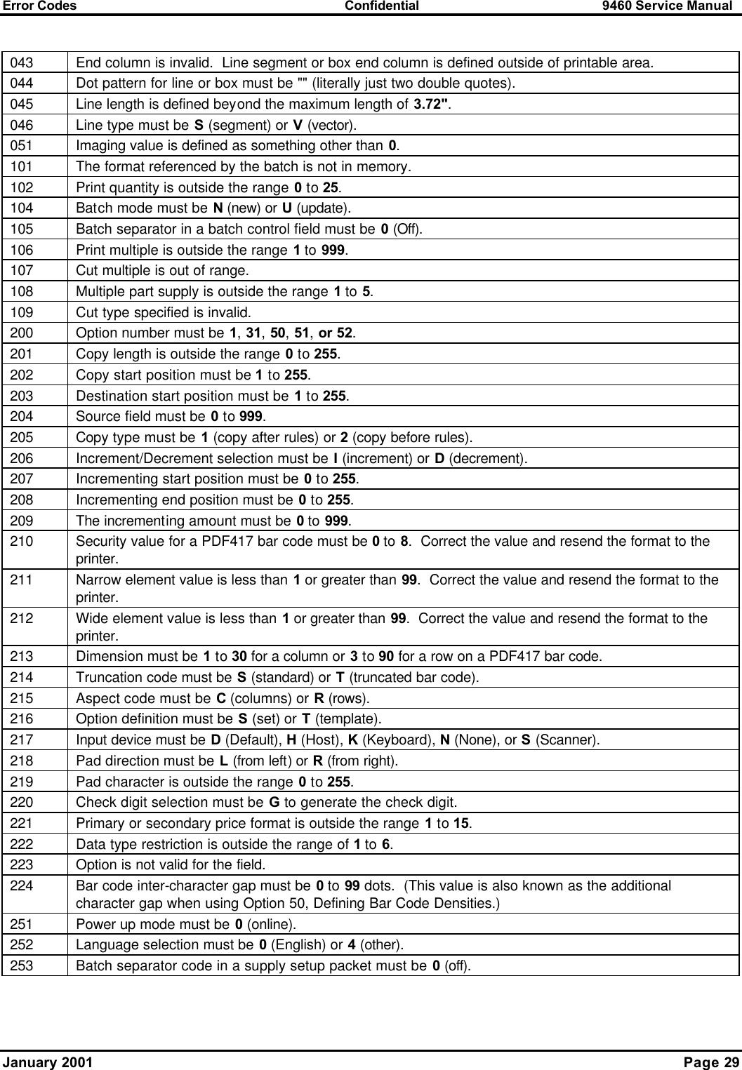 Error Codes Confidential 9460 Service Manual January 2001    Page 29  043 End column is invalid.  Line segment or box end column is defined outside of printable area. 044 Dot pattern for line or box must be &quot;&quot; (literally just two double quotes). 045 Line length is defined beyond the maximum length of 3.72&quot;. 046 Line type must be S (segment) or V (vector). 051 Imaging value is defined as something other than 0. 101 The format referenced by the batch is not in memory. 102 Print quantity is outside the range 0 to 25. 104 Batch mode must be N (new) or U (update). 105 Batch separator in a batch control field must be 0 (Off). 106 Print multiple is outside the range 1 to 999. 107 Cut multiple is out of range. 108 Multiple part supply is outside the range 1 to 5. 109 Cut type specified is invalid. 200 Option number must be 1, 31, 50, 51, or 52. 201 Copy length is outside the range 0 to 255. 202 Copy start position must be 1 to 255. 203 Destination start position must be 1 to 255. 204 Source field must be 0 to 999. 205 Copy type must be 1 (copy after rules) or 2 (copy before rules). 206 Increment/Decrement selection must be I (increment) or D (decrement). 207 Incrementing start position must be 0 to 255. 208 Incrementing end position must be 0 to 255. 209 The incrementing amount must be 0 to 999. 210 Security value for a PDF417 bar code must be 0 to 8.  Correct the value and resend the format to the printer. 211 Narrow element value is less than 1 or greater than 99.  Correct the value and resend the format to the printer. 212 Wide element value is less than 1 or greater than 99.  Correct the value and resend the format to the printer. 213 Dimension must be 1 to 30 for a column or 3 to 90 for a row on a PDF417 bar code. 214 Truncation code must be S (standard) or T (truncated bar code). 215 Aspect code must be C (columns) or R (rows). 216 Option definition must be S (set) or T (template). 217 Input device must be D (Default), H (Host), K (Keyboard), N (None), or S (Scanner). 218 Pad direction must be L (from left) or R (from right). 219 Pad character is outside the range 0 to 255. 220 Check digit selection must be G to generate the check digit. 221 Primary or secondary price format is outside the range 1 to 15. 222 Data type restriction is outside the range of 1 to 6. 223 Option is not valid for the field. 224 Bar code inter-character gap must be 0 to 99 dots.  (This value is also known as the additional character gap when using Option 50, Defining Bar Code Densities.) 251 Power up mode must be 0 (online). 252 Language selection must be 0 (English) or 4 (other). 253 Batch separator code in a supply setup packet must be 0 (off). 