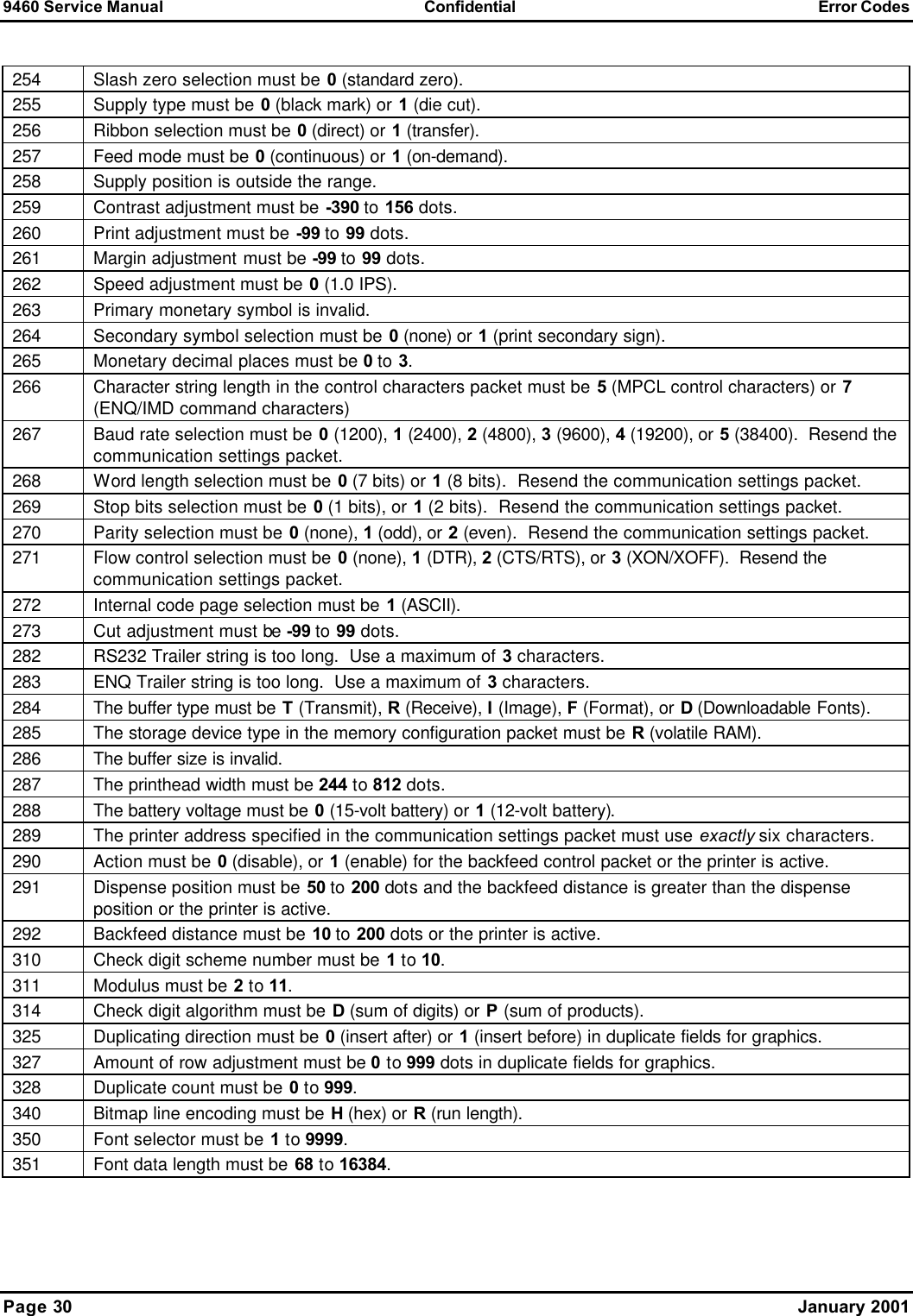 9460 Service Manual Confidential Error Codes Page 30    January 2001  254 Slash zero selection must be 0 (standard zero). 255 Supply type must be 0 (black mark) or 1 (die cut). 256 Ribbon selection must be 0 (direct) or 1 (transfer). 257 Feed mode must be 0 (continuous) or 1 (on-demand). 258 Supply position is outside the range. 259 Contrast adjustment must be -390 to 156 dots. 260 Print adjustment must be -99 to 99 dots. 261 Margin adjustment must be -99 to 99 dots. 262 Speed adjustment must be 0 (1.0 IPS). 263 Primary monetary symbol is invalid. 264 Secondary symbol selection must be 0 (none) or 1 (print secondary sign). 265 Monetary decimal places must be 0 to 3. 266 Character string length in the control characters packet must be 5 (MPCL control characters) or 7 (ENQ/IMD command characters) 267 Baud rate selection must be 0 (1200), 1 (2400), 2 (4800), 3 (9600), 4 (19200), or 5 (38400).  Resend the communication settings packet. 268 Word length selection must be 0 (7 bits) or 1 (8 bits).  Resend the communication settings packet. 269 Stop bits selection must be 0 (1 bits), or 1 (2 bits).  Resend the communication settings packet. 270 Parity selection must be 0 (none), 1 (odd), or 2 (even).  Resend the communication settings packet. 271 Flow control selection must be 0 (none), 1 (DTR), 2 (CTS/RTS), or 3 (XON/XOFF).  Resend the communication settings packet. 272 Internal code page selection must be 1 (ASCII). 273 Cut adjustment must be -99 to 99 dots. 282 RS232 Trailer string is too long.  Use a maximum of 3 characters. 283 ENQ Trailer string is too long.  Use a maximum of 3 characters. 284 The buffer type must be T (Transmit), R (Receive), I (Image), F (Format), or D (Downloadable Fonts). 285 The storage device type in the memory configuration packet must be R (volatile RAM). 286 The buffer size is invalid. 287 The printhead width must be 244 to 812 dots. 288 The battery voltage must be 0 (15-volt battery) or 1 (12-volt battery). 289 The printer address specified in the communication settings packet must use exactly six characters. 290 Action must be 0 (disable), or 1 (enable) for the backfeed control packet or the printer is active. 291 Dispense position must be 50 to 200 dots and the backfeed distance is greater than the dispense position or the printer is active. 292 Backfeed distance must be 10 to 200 dots or the printer is active. 310 Check digit scheme number must be 1 to 10. 311 Modulus must be 2 to 11. 314 Check digit algorithm must be D (sum of digits) or P (sum of products). 325 Duplicating direction must be 0 (insert after) or 1 (insert before) in duplicate fields for graphics. 327 Amount of row adjustment must be 0 to 999 dots in duplicate fields for graphics. 328 Duplicate count must be 0 to 999. 340 Bitmap line encoding must be H (hex) or R (run length). 350 Font selector must be 1 to 9999. 351 Font data length must be 68 to 16384. 