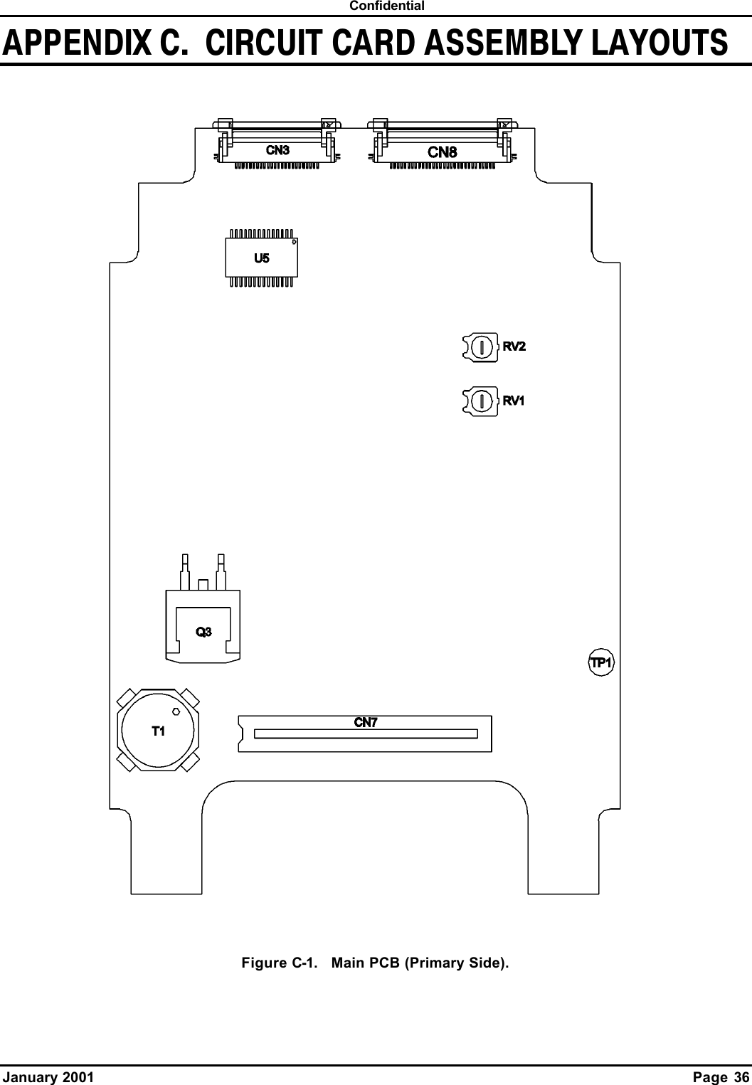  Confidential January 2001    Page 36  APPENDIX C.  CIRCUIT CARD ASSEMBLY LAYOUTS Figure C-1.   Main PCB (Primary Side). 