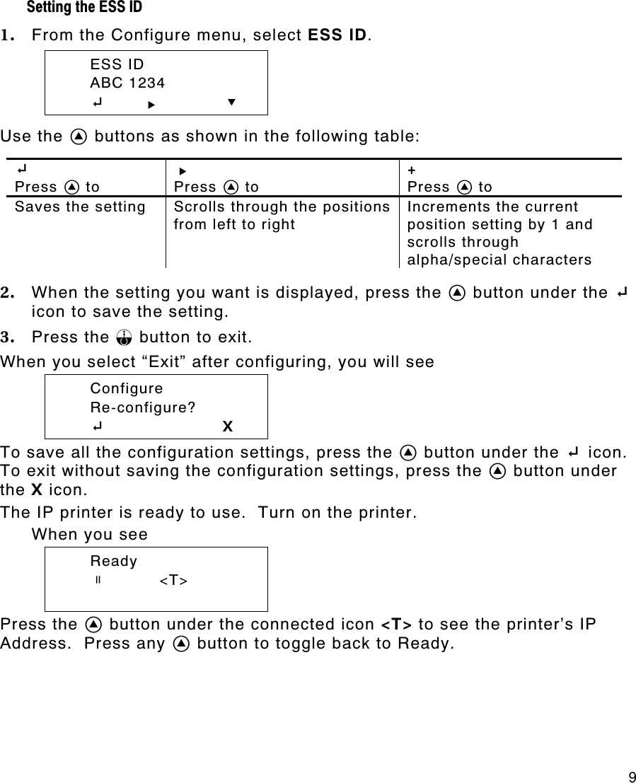     9 Setting the ESS ID 1. From the Configure menu, select ESS ID.  ESS ID  ABC 1234  E       R D Use the A buttons as shown in the following table:  E  Press A to R  Press A to +  Press A to Saves the setting Scrolls through the positions from left to right Increments the current position setting by 1 and scrolls through alpha/special characters  2. When the setting you want is displayed, press the A button under the E icon to save the setting.   3. Press the F button to exit. When you select “Exit” after configuring, you will see  Configure  Re-configure?  E        X To save all the configuration settings, press the A button under the E icon.  To exit without saving the configuration settings, press the A button under the X icon. The IP printer is ready to use.  Turn on the printer. When you see  Ready  p          &lt;T&gt;   Press the A button under the connected icon &lt;T&gt; to see the printer’s IP Address.  Press any A button to toggle back to Ready.    