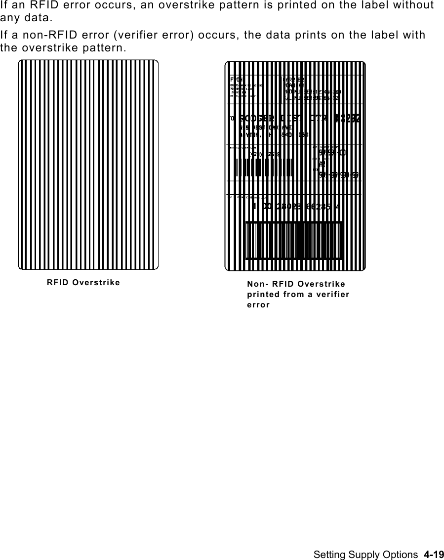 Setting Supply Options  4-19 If an RFID error occurs, an overstrike pattern is printed on the label without any data.  If a non-RFID error (verifier error) occurs, the data prints on the label with the overstrike pattern.     RFID Overstrike  Non- RFID Overstrike printed from a verifier error 