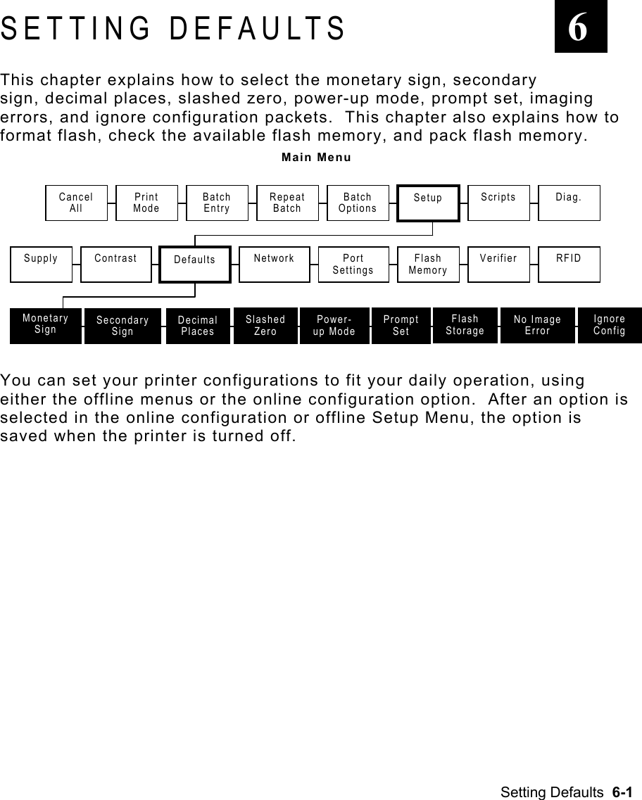 Setting Defaults  6-1 SETTING DEFAULTS This chapter explains how to select the monetary sign, secondary sign, decimal places, slashed zero, power-up mode, prompt set, imaging errors, and ignore configuration packets.  This chapter also explains how to format flash, check the available flash memory, and pack flash memory. Main Menu  You can set your printer configurations to fit your daily operation, using either the offline menus or the online configuration option.  After an option is selected in the online configuration or offline Setup Menu, the option is saved when the printer is turned off.   6Cancel All Supply Print Mode Repeat Batch SecondarySign Setup DecimalPlaces SlashedZero Power-up Mode Scripts  Diag. Batch Entry Batch OptionsPromptSet Contrast  Port Settings Verifier Defaults  Flash MemoryFlash Storage Network  RFID No Image Error Ignore Config Monetary Sign 