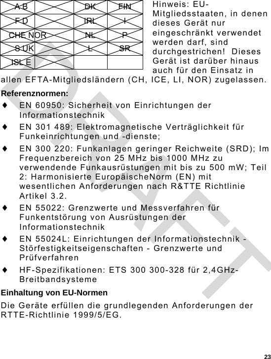  23 Hinweis: EU-Mitgliedsstaaten, in denen dieses Gerät nur eingeschränkt verwendet werden darf, sind durchgestrichen!  Dieses Gerät ist darüber hinaus auch für den Einsatz in allen EFTA-Mitgliedsländern (CH, ICE, LI, NOR) zugelassen. Referenznormen:  EN 60950: Sicherheit von Einrichtungen der Informationstechnik  EN 301 489: Elektromagnetische Verträglichkeit für Funkeinrichtungen und -dienste;  EN 300 220: Funkanlagen geringer Reichweite (SRD); Im Frequenzbereich von 25 MHz bis 1000 MHz zu verwendende Funkausrüstungen mit bis zu 500 mW; Teil 2: Harmonisierte EuropäischeNorm (EN) mit wesentlichen Anforderungen nach R&amp;TTE Richtlinie Artikel 3.2.  EN 55022: Grenzwerte und Messverfahren für Funkentstörung von Ausrüstungen der Informationstechnik  EN 55024L: Einrichtungen der Informationstechnik - Störfestigkeitseigenschaften - Grenzwerte und Prüfverfahren  HF-Spezifikationen: ETS 300 300-328 für 2,4GHz-Breitbandsysteme Einhaltung von EU-Normen Die Geräte erfüllen die grundlegenden Anforderungen der RTTE-Richtlinie 1999/5/EG. A B  DK FIN F D  IRL I CHE NOR  NL  P S UK  L SR ISL E     DRAFT