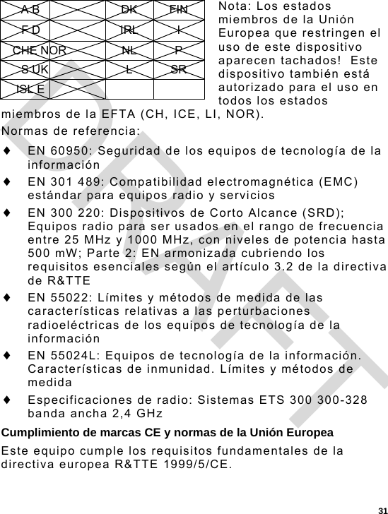  31 Nota: Los estados miembros de la Unión Europea que restringen el uso de este dispositivo aparecen tachados!  Este dispositivo también está autorizado para el uso en todos los estados miembros de la EFTA (CH, ICE, LI, NOR). Normas de referencia:  EN 60950: Seguridad de los equipos de tecnología de la información  EN 301 489: Compatibilidad electromagnética (EMC) estándar para equipos radio y servicios  EN 300 220: Dispositivos de Corto Alcance (SRD); Equipos radio para ser usados en el rango de frecuencia entre 25 MHz y 1000 MHz, con niveles de potencia hasta 500 mW; Parte 2: EN armonizada cubriendo los requisitos esenciales según el artículo 3.2 de la directiva de R&amp;TTE  EN 55022: Límites y métodos de medida de las características relativas a las perturbaciones radioeléctricas de los equipos de tecnología de la información  EN 55024L: Equipos de tecnología de la información. Características de inmunidad. Límites y métodos de medida  Especificaciones de radio: Sistemas ETS 300 300-328 banda ancha 2,4 GHz Cumplimiento de marcas CE y normas de la Unión Europea Este equipo cumple los requisitos fundamentales de la directiva europea R&amp;TTE 1999/5/CE. A B  DK FIN F D  IRL I CHE NOR  NL  P S UK  L SR ISL E     DRAFT