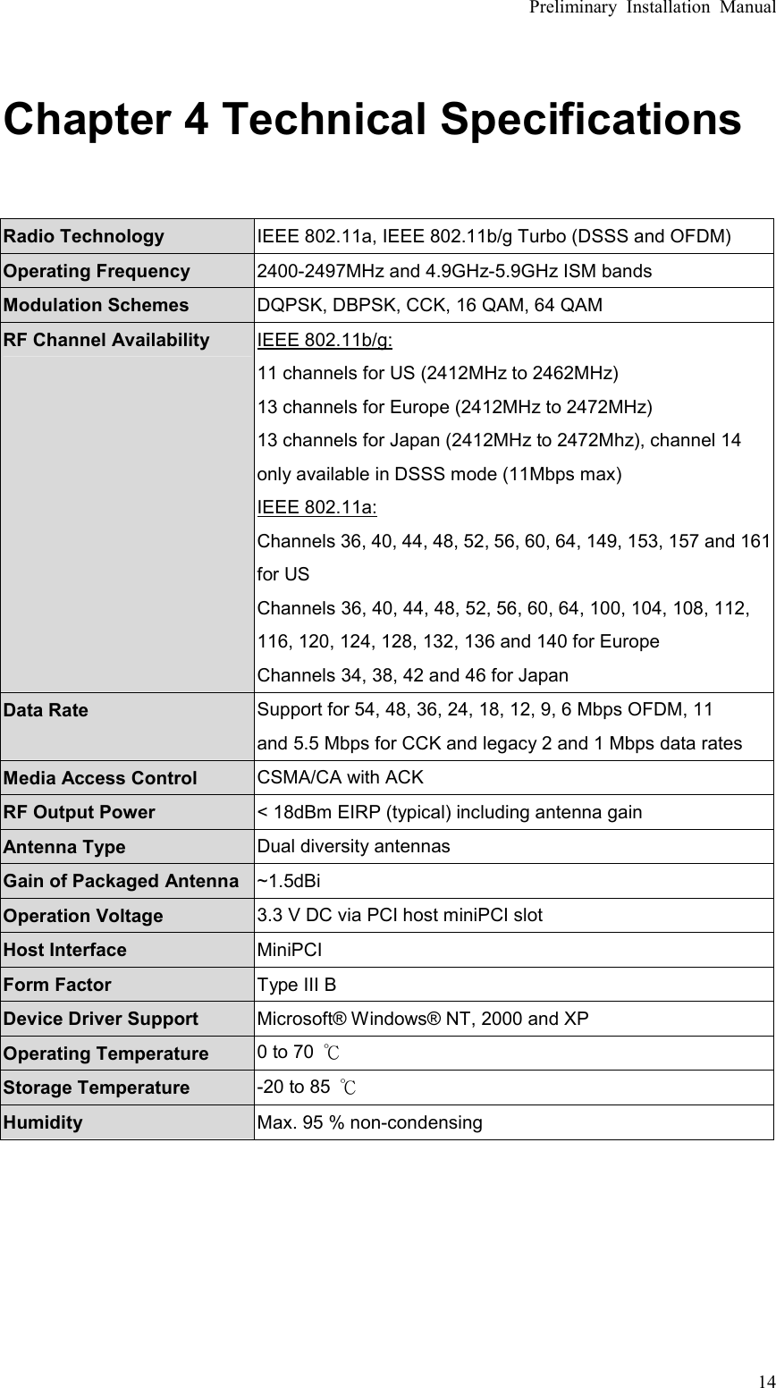 Preliminary Installation Manual  14 Chapter 4 Technical Specifications  Radio Technology  IEEE 802.11a, IEEE 802.11b/g Turbo (DSSS and OFDM) Operating Frequency  2400-2497MHz and 4.9GHz-5.9GHz ISM bands Modulation Schemes  DQPSK, DBPSK, CCK, 16 QAM, 64 QAM RF Channel Availability  IEEE 802.11b/g: 11 channels for US (2412MHz to 2462MHz) 13 channels for Europe (2412MHz to 2472MHz) 13 channels for Japan (2412MHz to 2472Mhz), channel 14 only available in DSSS mode (11Mbps max) IEEE 802.11a: Channels 36, 40, 44, 48, 52, 56, 60, 64, 149, 153, 157 and 161 for US Channels 36, 40, 44, 48, 52, 56, 60, 64, 100, 104, 108, 112, 116, 120, 124, 128, 132, 136 and 140 for Europe Channels 34, 38, 42 and 46 for Japan Data Rate  Support for 54, 48, 36, 24, 18, 12, 9, 6 Mbps OFDM, 11 and 5.5 Mbps for CCK and legacy 2 and 1 Mbps data rates Media Access Control  CSMA/CA with ACK RF Output Power  &lt; 18dBm EIRP (typical) including antenna gain Antenna Type  Dual diversity antennas Gain of Packaged Antenna  ~1.5dBi Operation Voltage  3.3 V DC via PCI host miniPCI slot Host Interface  MiniPCI Form Factor  Type III B Device Driver Support  Microsoft® Windows® NT, 2000 and XP Operating Temperature  0 to 70  ℃ Storage Temperature  -20 to 85  ℃ Humidity  Max. 95 % non-condensing     