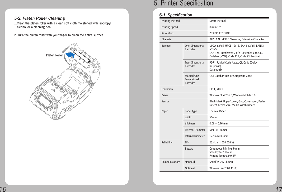 16 17 5-2. Platen Roller Cleaning1.Clean the platen roller with a clean soft cloth moistened with isopropyl     alcohol or a cleaning pen.2. Turn the platen roller with your ﬁnger to clean the entire surface.Platen RollerPrinting Method Direct ThermalPrinting Speed 80mm/secResolution 203 DPI X 203 DPICharacter ALPHA NUMERIC Character, Extension CharacterBarcode One-Dimensional BarcodesUPCA +2/+5, UPCE +2/+5, EAN8 +2/+5, EAN13 +2/+5,EAN 128, Interleaved 2 of 5, Extended Code 39, Codabar (NW7), Code 128, Code 93, PostNetTwo-Dimensional BarcodesPDF417, MaxiCode, Aztec, QR Code (Quick Response),DatamatrixStacked One-Dimensional BarcodesGS1 Databar (RSS or Composite Code)Emulation CPCL, MPCLDriver Window CE 4.2&amp;5.0, Window Mobile 5.0Sensor Black-Mark Upper/Lower, Gap, Cover open, Peeler Detect, Peeler S/W,  Media-Width DetectPaper paper type Thermal Paperwidth   56mmthickness  0.06 ~ 0.16 mmExternal Diameter Max. Φ 56mmInternal Diameter  12.5mm±0.5mmReliability TPH 25.4km (1,000,000in)Battery Continuous Printing 54minStandby for 11hoursPrinting length: 249.8MCommunications standard Serial(RS-232C), USBOptional Wireless Lan *802.11b/g6-1. Specication6. Printer Speciﬁcation