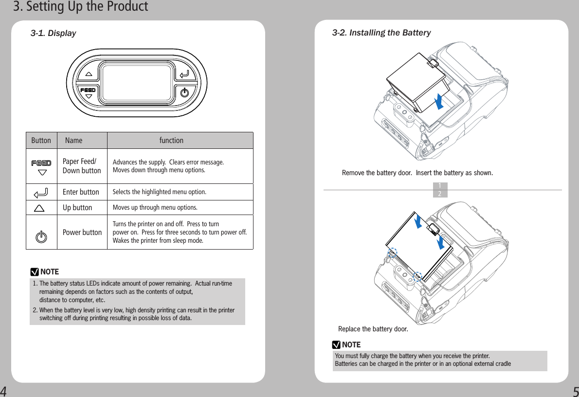 45Button  Name                     functionPaper Feed/ Down buttonAdvances the supply.  Clears error message.  Moves down through menu options.Enter button  Selects the highlighted menu option.Up button Moves up through menu options.Power buttonTurns the printer on and off.  Press to turn power on.  Press for three seconds to turn power off. Wakes the printer from sleep mode.3-2. Installing the BatteryNOTENOTE3-1. Display3. Setting Up the ProductRemove the battery door.  Insert the battery as shown.1  2Replace the battery door.You must fully charge the battery when you receive the printer. Batteries can be charged in the printer or in an optional external cradle1. The battery status LEDs indicate amount of power remaining.  Actual run-time     remaining depends on factors such as the contents of output,     distance to computer, etc.2. When the battery level is very low, high density printing can result in the printer     switching off during printing resulting in possible loss of data.  