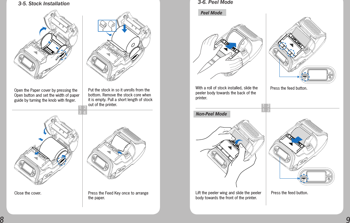 893-5. Stock Installation1 234Put the stock in so it unrolls from the bottom. Remove the stock core when it is empty. Pull a short length of stock out of the printer.Press the Feed Key once to arrange the paper.Open the Paper cover by pressing the Open button and set the width of paper guide by turning the knob with ﬁnger. Close the cover.3-6. Peel Mode 1 21 2With a roll of stock installed, slide the peeler body towards the back of the printer.Lift the peeler wing and slide the peeler body towards the front of the printer.Press the feed button.Press the feed button.Peel Mode Non-Peel Mode 