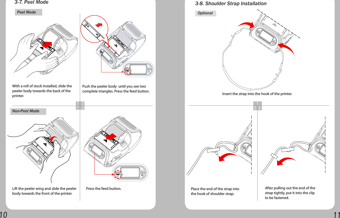 10 113-7. Peel Mode 1 21 2With a roll of stock installed, slide the peeler body towards the back of the printer.Lift the peeler wing and slide the peeler body towards the front of the printer.Press the feed button.Push the peeler body  until you see two complete triangles. Press the feed button. Peel Mode Non-Peel Mode Insert the strap into the hook of the printer.Place the end of the strap into the hook of shoulder strap.After pulling out the end of the strap tightly, put it into the clip to be fastened.Optional1323-8. Shoulder Strap Installation