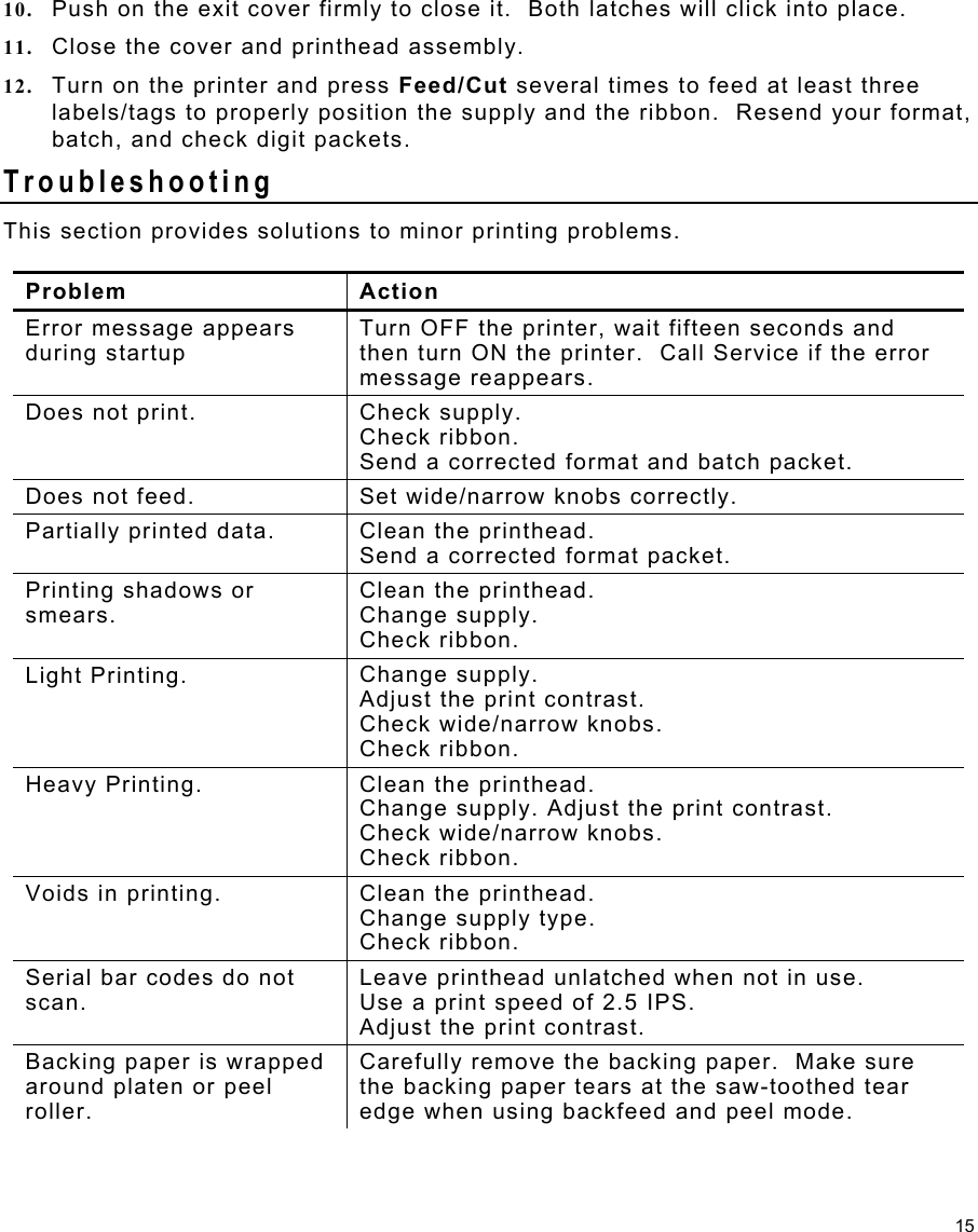 15 10.  Push on the exit cover firmly to close it.  Both latches will click into place. 11.  Close the cover and printhead assembly. 12.  Turn on the printer and press Feed/Cut several times to feed at least three labels/tags to properly position the supply and the ribbon.  Resend your format, batch, and check digit packets. Troubleshooting This section provides solutions to minor printing problems.   Problem Action Error message appears during startup Turn OFF the printer, wait fifteen seconds and then turn ON the printer.  Call Service if the error message reappears. Does not print.  Check supply. Check ribbon. Send a corrected format and batch packet. Does not feed.  Set wide/narrow knobs correctly. Partially printed data.  Clean the printhead. Send a corrected format packet. Printing shadows or smears. Clean the printhead. Change supply. Check ribbon. Light Printing.  Change supply. Adjust the print contrast. Check wide/narrow knobs. Check ribbon. Heavy Printing.  Clean the printhead. Change supply. Adjust the print contrast. Check wide/narrow knobs. Check ribbon. Voids in printing.  Clean the printhead. Change supply type. Check ribbon. Serial bar codes do not scan. Leave printhead unlatched when not in use. Use a print speed of 2.5 IPS. Adjust the print contrast. Backing paper is wrapped around platen or peel roller. Carefully remove the backing paper.  Make sure the backing paper tears at the saw-toothed tear edge when using backfeed and peel mode.  