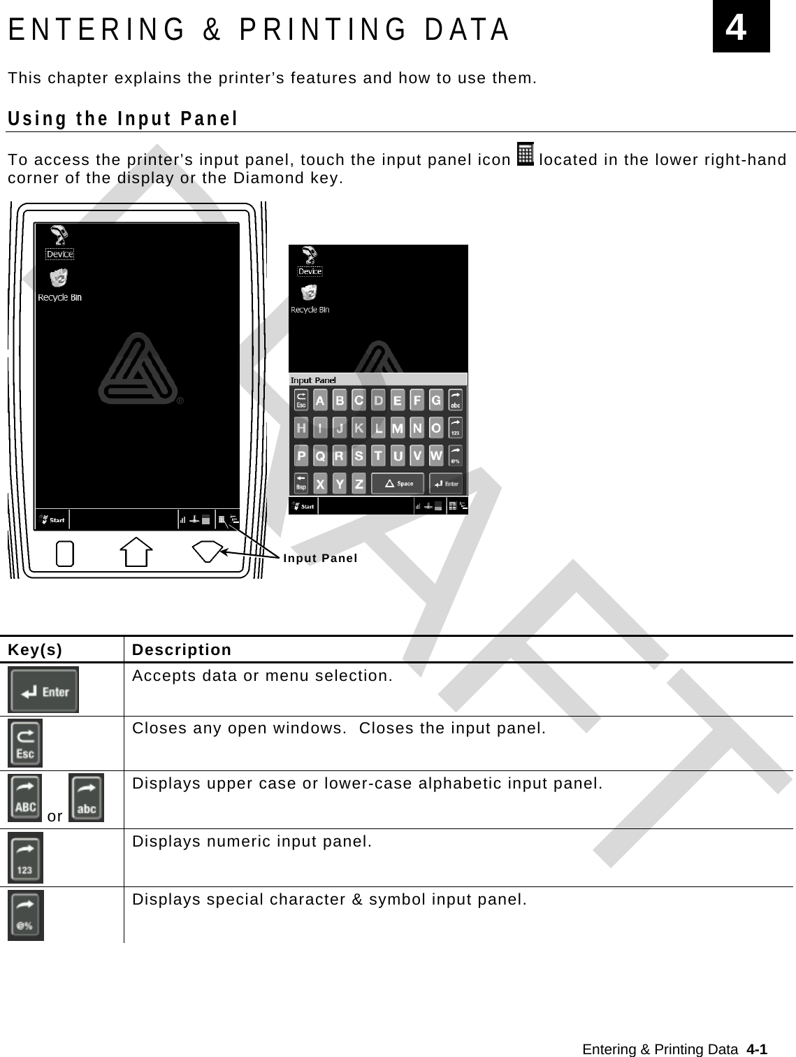  Entering &amp; Printing Data  4-1  ENTERING &amp; PRINTING DATA This chapter explains the printer’s features and how to use them. Using the Input Panel To access the printer’s input panel, touch the input panel icon   located in the lower right-hand corner of the display or the Diamond key.        4 Key(s) Description  Accepts data or menu selection.  Closes any open windows.  Closes the input panel.  or   Displays upper case or lower-case alphabetic input panel.  Displays numeric input panel.  Displays special character &amp; symbol input panel. Input Panel DRAFT