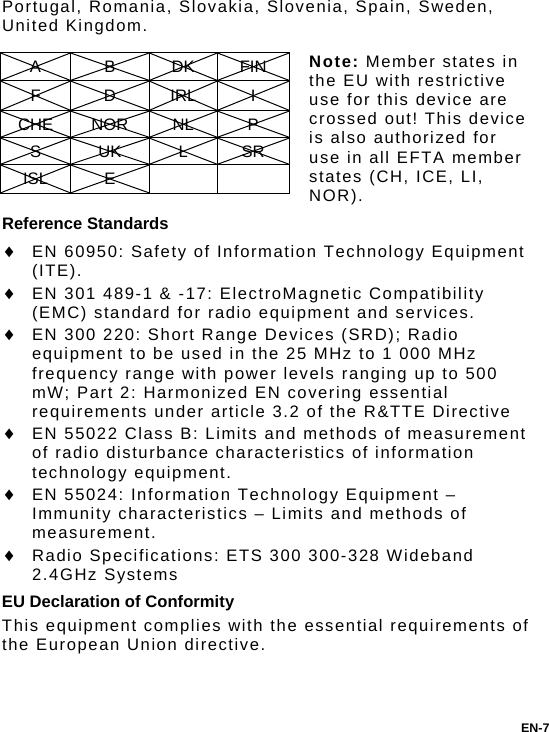 Portugal, Romania, Slovakia, Slovenia, Spain, Sweden, United Kingdom.  Note: Member states in the EU with restrictive use for this device are crossed out! This device is also authorized for use in all EFTA member states (CH, ICE, LI, NOR). A B DK FIN F D IRL I CHE NOR  NL  P S UK L SR ISL E     Reference Standards  EN 60950: Safety of Information Technology Equipment (ITE).  EN 301 489-1 &amp; -17: ElectroMagnetic Compatibility (EMC) standard for radio equipment and services.  EN 300 220: Short Range Devices (SRD); Radio equipment to be used in the 25 MHz to 1 000 MHz frequency range with power levels ranging up to 500 mW; Part 2: Harmonized EN covering essential requirements under article 3.2 of the R&amp;TTE Directive  EN 55022 Class B: Limits and methods of measurement of radio disturbance characteristics of information technology equipment.  EN 55024: Information Technology Equipment – Immunity characteristics – Limits and methods of measurement.  Radio Specifications: ETS 300 300-328 Wideband 2.4GHz Systems EU Declaration of Conformity This equipment complies with the essential requirements of the European Union directive. EN-7 