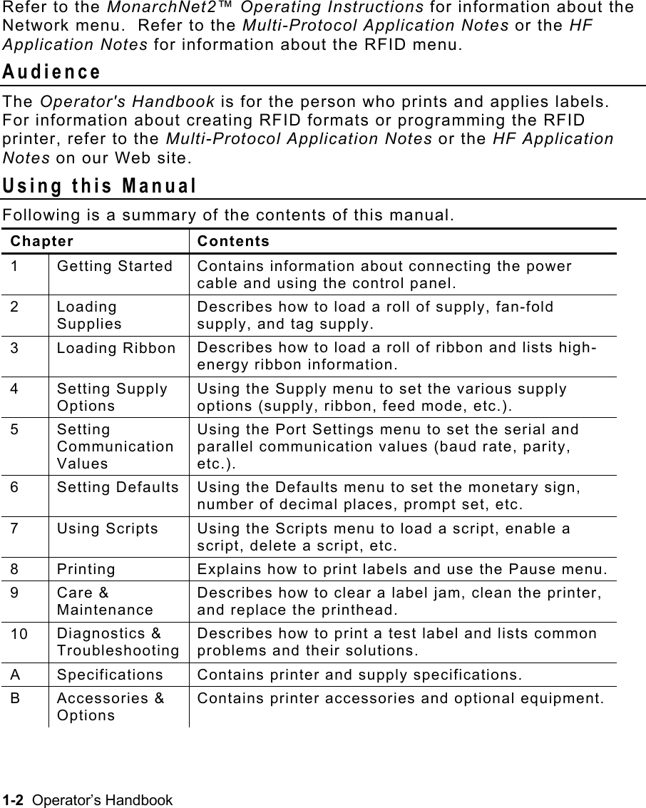 1-2  Operator’s Handbook Refer to the MonarchNet2™ Operating Instructions for information about the Network menu.  Refer to the Multi-Protocol Application Notes or the HF Application Notes for information about the RFID menu. Audience  The Operator&apos;s Handbook is for the person who prints and applies labels.  For information about creating RFID formats or programming the RFID printer, refer to the Multi-Protocol Application Notes or the HF Application Notes on our Web site. Using this Manual Following is a summary of the contents of this manual. Chapter Contents 1 Getting Started Contains information about connecting the power cable and using the control panel. 2  Loading Supplies Describes how to load a roll of supply, fan-fold supply, and tag supply. 3 Loading Ribbon Describes how to load a roll of ribbon and lists high-energy ribbon information. 4  Setting Supply Options Using the Supply menu to set the various supply options (supply, ribbon, feed mode, etc.). 5  Setting Communication Values Using the Port Settings menu to set the serial and parallel communication values (baud rate, parity, etc.). 6 Setting Defaults Using the Defaults menu to set the monetary sign, number of decimal places, prompt set, etc. 7 Using Scripts Using the Scripts menu to load a script, enable a script, delete a script, etc. 8  Printing  Explains how to print labels and use the Pause menu.9  Care &amp; Maintenance Describes how to clear a label jam, clean the printer, and replace the printhead. 10  Diagnostics &amp; TroubleshootingDescribes how to print a test label and lists common problems and their solutions. A  Specifications  Contains printer and supply specifications. B  Accessories &amp; Options Contains printer accessories and optional equipment.  