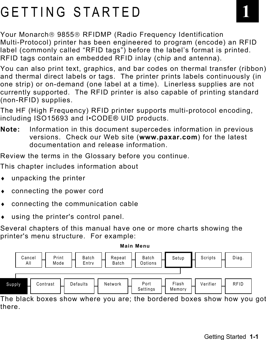Getting Started  1-1 GETTING STARTED Your Monarch 9855 RFIDMP (Radio Frequency Identification Multi-Protocol) printer has been engineered to program (encode) an RFID label (commonly called “RFID tags”) before the label’s format is printed.  RFID tags contain an embedded RFID inlay (chip and antenna). You can also print text, graphics, and bar codes on thermal transfer (ribbon) and thermal direct labels or tags.  The printer prints labels continuously (in one strip) or on-demand (one label at a time).  Linerless supplies are not currently supported.  The RFID printer is also capable of printing standard (non-RFID) supplies.   The HF (High Frequency) RFID printer supports multi-protocol encoding, including ISO15693 and I•CODE® UID products.  Note:  Information in this document supercedes information in previous versions.  Check our Web site (www.paxar.com) for the latest documentation and release information.   Review the terms in the Glossary before you continue. This chapter includes information about ♦  unpacking the printer ♦  connecting the power cord ♦  connecting the communication cable ♦  using the printer&apos;s control panel. Several chapters of this manual have one or more charts showing the printer&apos;s menu structure.  For example: Main Menu The black boxes show where you are; the bordered boxes show how you got there. 1Cancel  All Print Mode Repeat Batch Supply Contrast Setup Defaults  Port Settings Flash MemoryScripts  Diag. Batch Entry Batch OptionsVerifier Network  RFID 