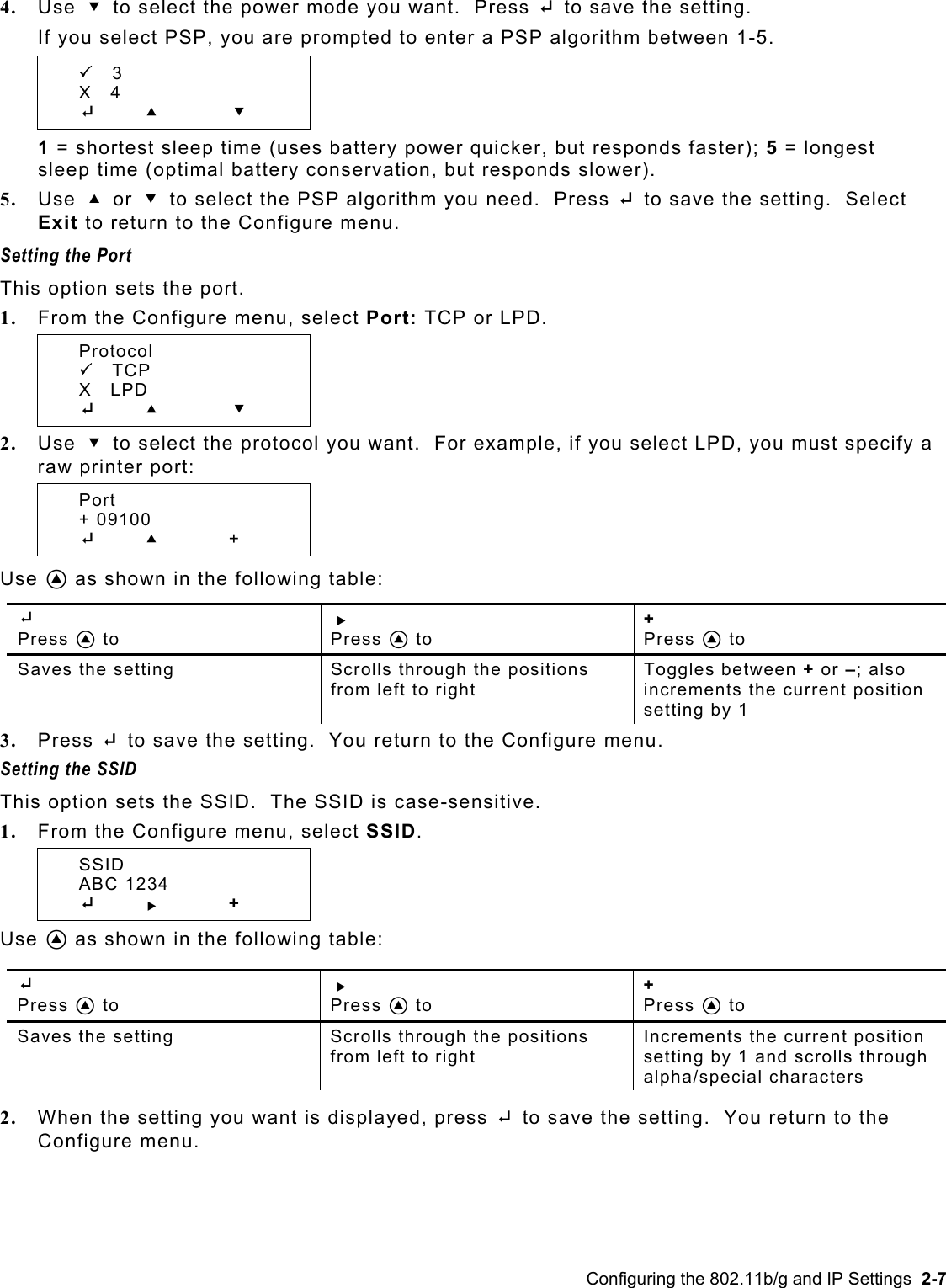  4.  Use D to select the power mode you want.  Press E to save the setting.  If you select PSP, you are prompted to enter a PSP algorithm between 1-5.    3   3   X   4  E       U   D 1 = shortest sleep time (uses battery power quicker, but responds faster); 5 = longest sleep time (optimal battery conservation, but responds slower).  5.  Use U or D to select the PSP algorithm you need.  Press E to save the setting.  Select Exit to return to the Configure menu. Setting the Port  This option sets the port. 1.  From the Configure menu, select Port: TCP or LPD.    Protocol  3   TCP   X   LPD  E       U   D 2.  Use D to select the protocol you want.  For example, if you select LPD, you must specify a raw printer port:  Port  + 09100  E       U   + Use A as shown in the following table:  E  Press A to R  Press A to +  Press A to Saves the setting  Scrolls through the positions from left to right Toggles between + or –; also increments the current position setting by 1 3.  Press E to save the setting.  You return to the Configure menu. Setting the SSID This option sets the SSID.  The SSID is case-sensitive. 1.  From the Configure menu, select SSID.  SSID  ABC 1234  E       R   + Use A as shown in the following table:  E  Press A to R  Press A to +  Press A to Saves the setting  Scrolls through the positions from left to right Increments the current position setting by 1 and scrolls through alpha/special characters  2.  When the setting you want is displayed, press E to save the setting.  You return to the Configure menu. Configuring the 802.11b/g and IP Settings  2-7 