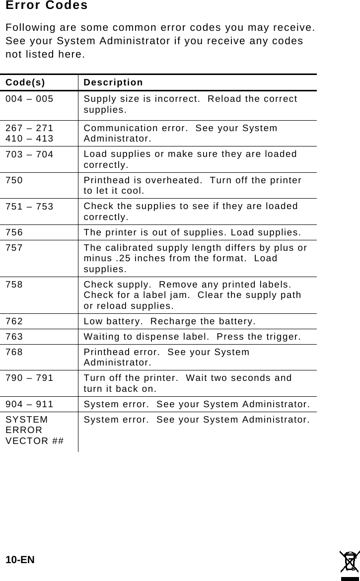 Following are some common error codes you may receive.  See your System Administrator if you receive any codes not listed here. Code(s) Description 004 – 005  Supply size is incorrect.  Reload the correct supplies. 267 – 271 410 – 413  Communication error.  See your System Administrator. 703 – 704  Load supplies or make sure they are loaded correctly. 750  Printhead is overheated.  Turn off the printer to let it cool. 751 – 753  Check the supplies to see if they are loaded correctly. 756  The printer is out of supplies. Load supplies. 757  The calibrated supply length differs by plus or minus .25 inches from the format.  Load supplies.  758  Check supply.  Remove any printed labels.  Check for a label jam.  Clear the supply path or reload supplies.   762  Low battery.  Recharge the battery. 763  Waiting to dispense label.  Press the trigger. 768  Printhead error.  See your System Administrator. 790 – 791  Turn off the printer.  Wait two seconds and turn it back on. 904 – 911  System error.  See your System Administrator. SYSTEM ERROR VECTOR ## System error.  See your System Administrator. Error Codes 10-EN  