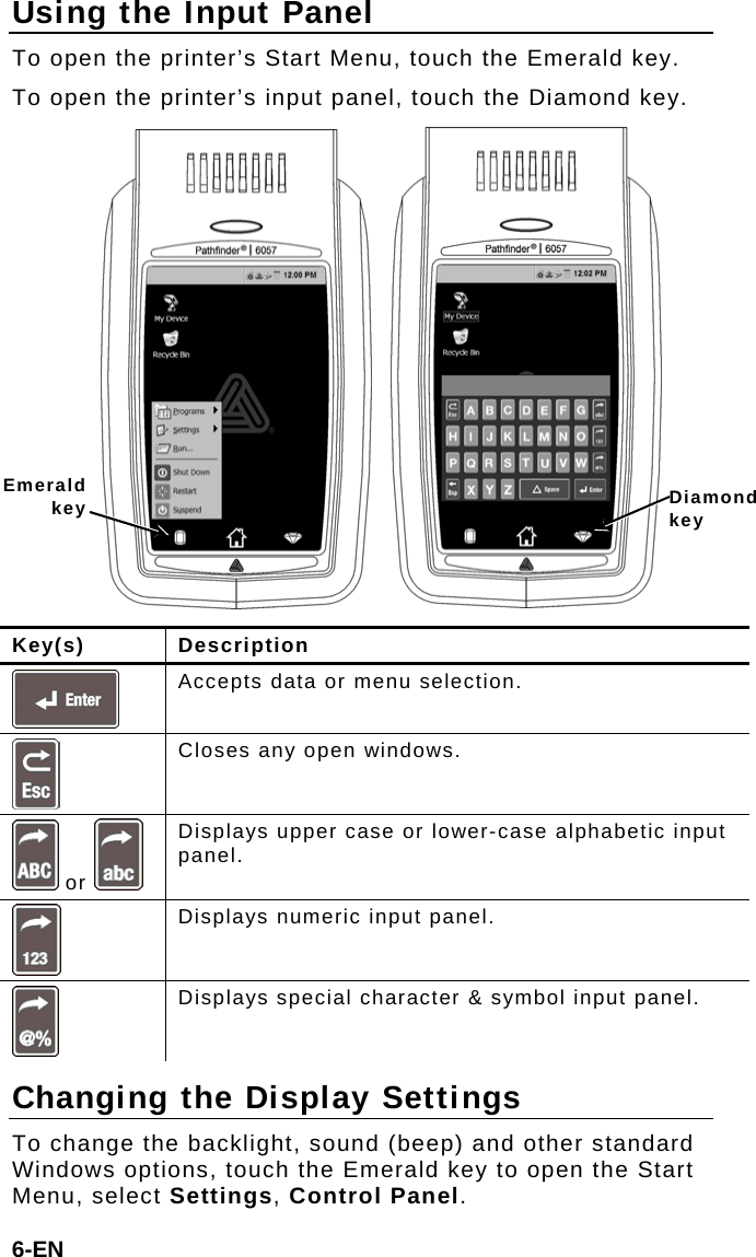 Using the Input Panel To open the printer’s Start Menu, touch the Emerald key. To open the printer’s input panel, touch the Diamond key. Emeraldkey Diamond key Key(s) Description  Accepts data or menu selection.  Closes any open windows.  or   Displays upper case or lower-case alphabetic input panel.  Displays numeric input panel.  Displays special character &amp; symbol input panel. Changing the Display Settings To change the backlight, sound (beep) and other standard Windows options, touch the Emerald key to open the Start Menu, select Settings, Control Panel. 6-EN 