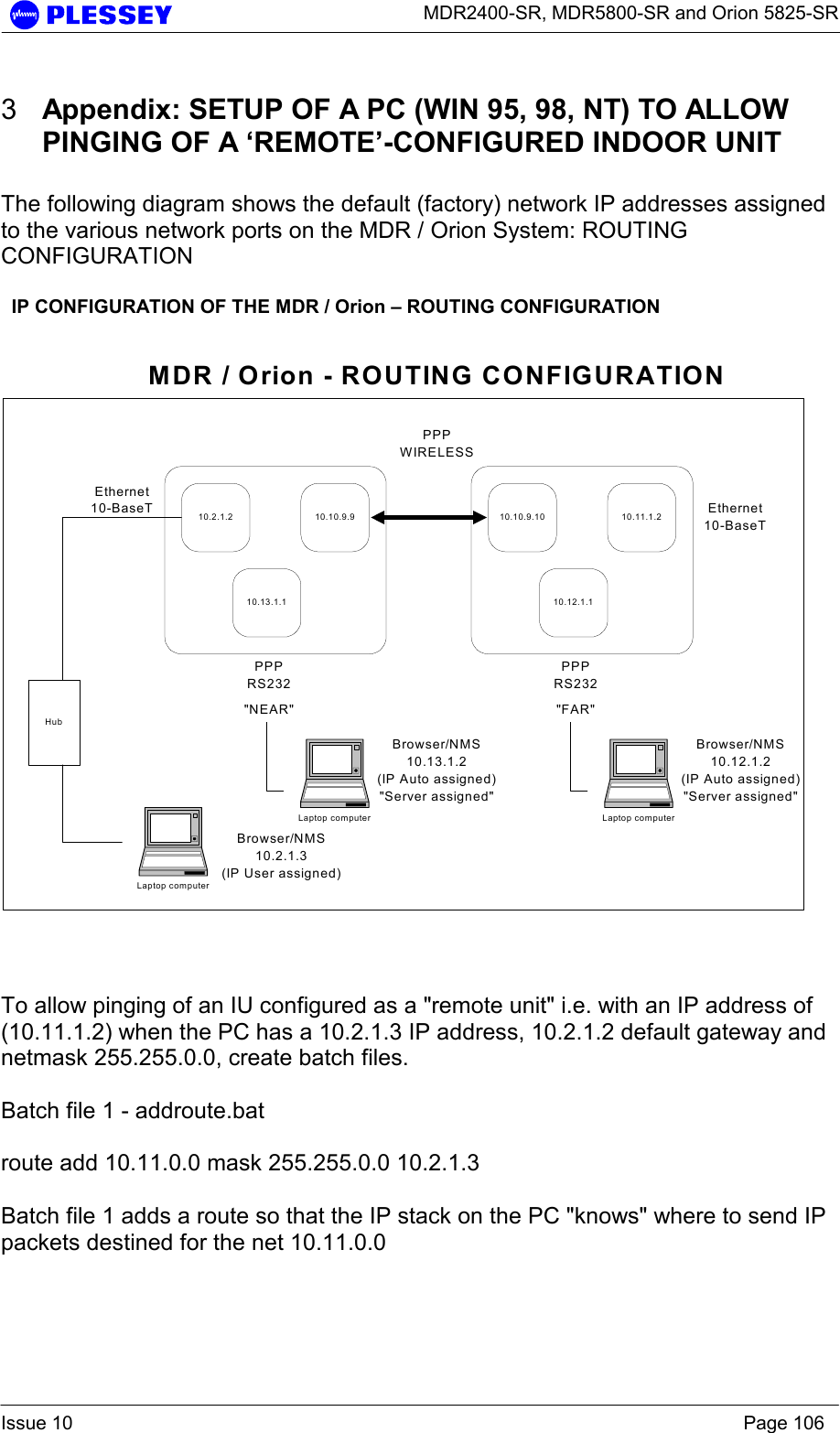      MDR2400-SR, MDR5800-SR and Orion 5825-SR  Issue 10    Page 106 3  Appendix: SETUP OF A PC (WIN 95, 98, NT) TO ALLOW PINGING OF A ‘REMOTE’-CONFIGURED INDOOR UNIT  The following diagram shows the default (factory) network IP addresses assigned to the various network ports on the MDR / Orion System: ROUTING CONFIGURATION      IP CONFIGURATION OF THE MDR / Orion – ROUTING CONFIGURATION  10.2.1.2 10.10.9.910.13.1.110.10.9.10 10.11.1.210.12.1.1Ethernet10-BaseTPPPRS232PPPWIRELESSPPPRS232Ethernet10-BaseT&quot;NEAR&quot; &quot;FAR&quot;Laptop computerBrowser/NMS10.2.1.3(IP User assigned)HubMDR / Orion - ROUTING CONFIGURATIONLaptop computerBrowser/NMS10.12.1.2(IP Auto assigned)&quot;Server assigned&quot;Laptop computerBrowser/NMS10.13.1.2(IP Auto assigned)&quot;Server assigned&quot;    To allow pinging of an IU configured as a &quot;remote unit&quot; i.e. with an IP address of (10.11.1.2) when the PC has a 10.2.1.3 IP address, 10.2.1.2 default gateway and netmask 255.255.0.0, create batch files.    Batch file 1 - addroute.bat  route add 10.11.0.0 mask 255.255.0.0 10.2.1.3  Batch file 1 adds a route so that the IP stack on the PC &quot;knows&quot; where to send IP packets destined for the net 10.11.0.0    