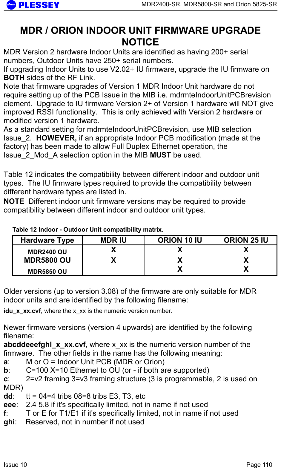      MDR2400-SR, MDR5800-SR and Orion 5825-SR  Issue 10    Page 110 MDR / ORION INDOOR UNIT FIRMWARE UPGRADE NOTICE MDR Version 2 hardware Indoor Units are identified as having 200+ serial numbers, Outdoor Units have 250+ serial numbers. If upgrading Indoor Units to use V2.02+ IU firmware, upgrade the IU firmware on BOTH sides of the RF Link. Note that firmware upgrades of Version 1 MDR Indoor Unit hardware do not require setting up of the PCB Issue in the MIB i.e. mdrmteIndoorUnitPCBrevision element.  Upgrade to IU firmware Version 2+ of Version 1 hardware will NOT give improved RSSI functionality.  This is only achieved with Version 2 hardware or modified version 1 hardware. As a standard setting for mdrmteIndoorUnitPCBrevision, use MIB selection Issue_2.  HOWEVER, if an appropriate Indoor PCB modification (made at the factory) has been made to allow Full Duplex Ethernet operation, the Issue_2_Mod_A selection option in the MIB MUST be used.  Table 12 indicates the compatibility between different indoor and outdoor unit types.  The IU firmware types required to provide the compatibility between different hardware types are listed in. NOTE  Different indoor unit firmware versions may be required to provide compatibility between different indoor and outdoor unit types.  Table 12 Indoor - Outdoor Unit compatibility matrix. Hardware Type  MDR IU  ORION 10 IU  ORION 25 IU MDR2400 OU  X X X MDR5800 OU  X  X  X MDR5850 OU   X X  Older versions (up to version 3.08) of the firmware are only suitable for MDR indoor units and are identified by the following filename: idu_x_xx.cvf, where the x_xx is the numeric version number.  Newer firmware versions (version 4 upwards) are identified by the following filename: abcddeeefghI_x_xx.cvf, where x_xx is the numeric version number of the firmware.  The other fields in the name has the following meaning: a:  M or O = Indoor Unit PCB (MDR or Orion) b:  C=100 X=10 Ethernet to OU (or - if both are supported) c:  2=v2 framing 3=v3 framing structure (3 is programmable, 2 is used on MDR) dd:  tt = 04=4 tribs 08=8 tribs E3, T3, etc eee:  2.4 5.8 if it&apos;s specifically limited, not in name if not used f:  T or E for T1/E1 if it&apos;s specifically limited, not in name if not used ghi:  Reserved, not in number if not used 