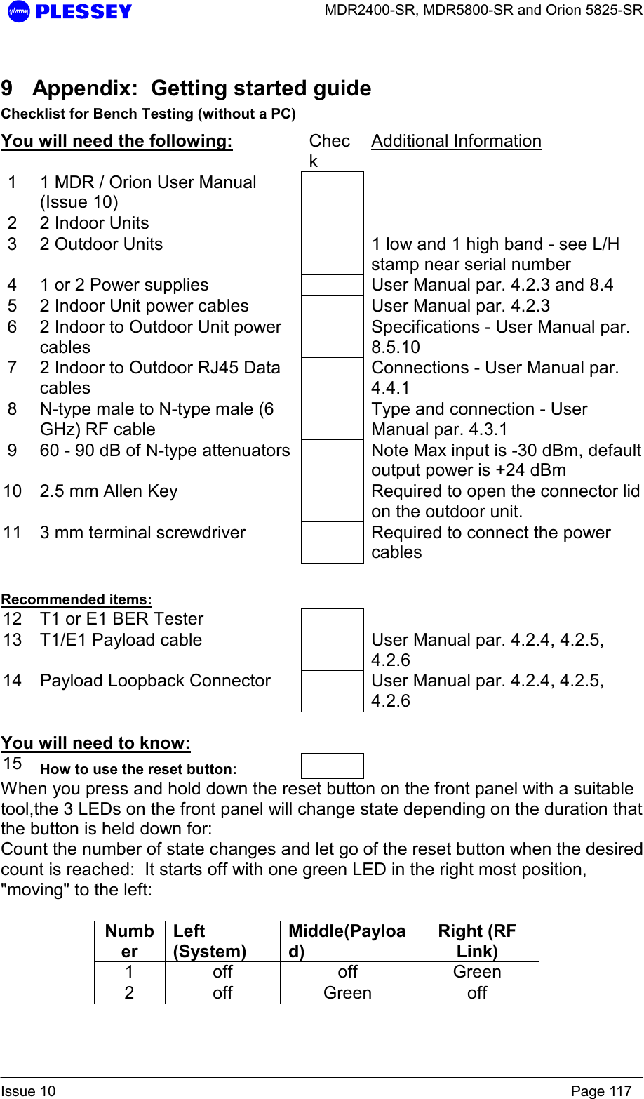      MDR2400-SR, MDR5800-SR and Orion 5825-SR  Issue 10    Page 117 9  Appendix:  Getting started guide Checklist for Bench Testing (without a PC) You will need the following: Check Additional Information 1  1 MDR / Orion User Manual (Issue 10)   2  2 Indoor Units     3  2 Outdoor Units    1 low and 1 high band - see L/H stamp near serial number 4  1 or 2 Power supplies    User Manual par. 4.2.3 and 8.4 5  2 Indoor Unit power cables    User Manual par. 4.2.3 6  2 Indoor to Outdoor Unit power cables   Specifications - User Manual par. 8.5.10 7  2 Indoor to Outdoor RJ45 Data cables   Connections - User Manual par. 4.4.1 8  N-type male to N-type male (6 GHz) RF cable   Type and connection - User Manual par. 4.3.1 9  60 - 90 dB of N-type attenuators    Note Max input is -30 dBm, default output power is +24 dBm 10  2.5 mm Allen Key    Required to open the connector lid on the outdoor unit. 11  3 mm terminal screwdriver    Required to connect the power cables  Recommended items: 12  T1 or E1 BER Tester     13  T1/E1 Payload cable    User Manual par. 4.2.4, 4.2.5, 4.2.6 14  Payload Loopback Connector    User Manual par. 4.2.4, 4.2.5, 4.2.6  You will need to know: 15  How to use the reset button:    When you press and hold down the reset button on the front panel with a suitable tool,the 3 LEDs on the front panel will change state depending on the duration that the button is held down for: Count the number of state changes and let go of the reset button when the desired count is reached:  It starts off with one green LED in the right most position, &quot;moving&quot; to the left:  Number Left (System) Middle(Payload) Right (RF Link) 1 off  off  Green 2 off  Green  off 