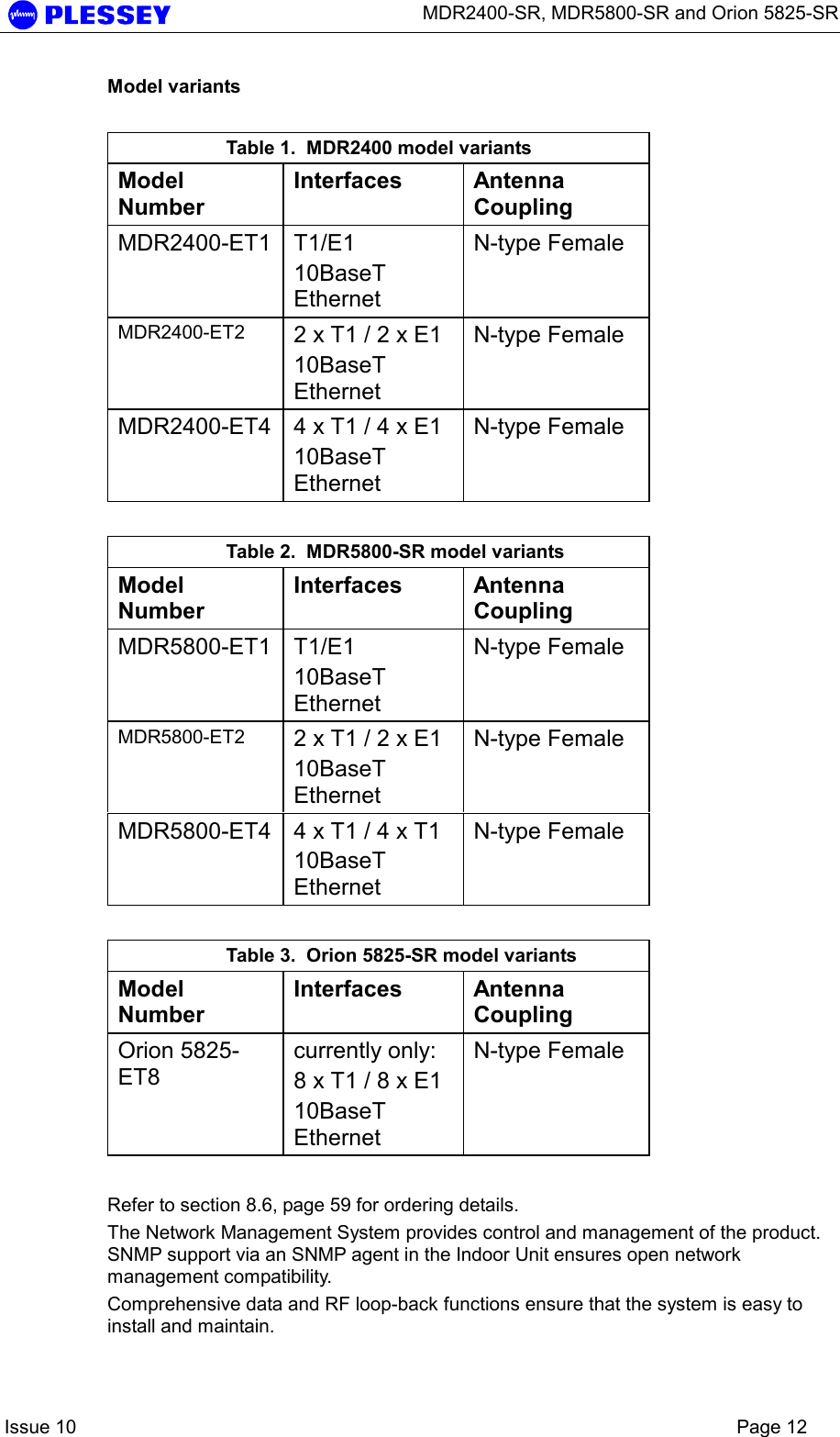      MDR2400-SR, MDR5800-SR and Orion 5825-SR    Issue 10    Page 12 Model variants  Table 1.  MDR2400 model variants Model Number Interfaces Antenna Coupling MDR2400-ET1 T1/E1 10BaseT Ethernet N-type Female MDR2400-ET2  2 x T1 / 2 x E1 10BaseT Ethernet N-type Female MDR2400-ET4  4 x T1 / 4 x E1 10BaseT Ethernet N-type Female  Table 2.  MDR5800-SR model variants Model Number Interfaces Antenna Coupling MDR5800-ET1 T1/E1 10BaseT Ethernet N-type Female MDR5800-ET2  2 x T1 / 2 x E1 10BaseT Ethernet N-type Female MDR5800-ET4  4 x T1 / 4 x T1 10BaseT Ethernet N-type Female  Table 3.  Orion 5825-SR model variants Model Number Interfaces Antenna Coupling Orion 5825-ET8  currently only: 8 x T1 / 8 x E1 10BaseT Ethernet N-type Female  Refer to section 8.6, page 59 for ordering details. The Network Management System provides control and management of the product.  SNMP support via an SNMP agent in the Indoor Unit ensures open network management compatibility. Comprehensive data and RF loop-back functions ensure that the system is easy to install and maintain. 