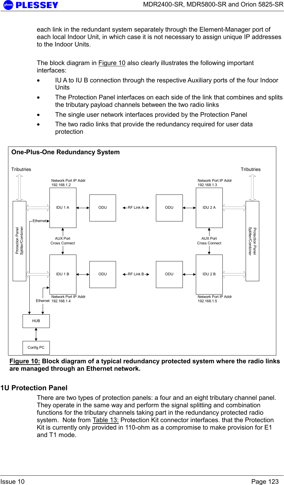      MDR2400-SR, MDR5800-SR and Orion 5825-SR  Issue 10    Page 123 each link in the redundant system separately through the Element-Manager port of each local Indoor Unit, in which case it is not necessary to assign unique IP addresses to the Indoor Units.  The block diagram in Figure 10 also clearly illustrates the following important interfaces: • IU A to IU B connection through the respective Auxiliary ports of the four Indoor Units • The Protection Panel interfaces on each side of the link that combines and splits the tributary payload channels between the two radio links • The single user network interfaces provided by the Protection Panel • The two radio links that provide the redundancy required for user data protection  IDU 1 AIDU 1 BIDU 2 AIDU 2 BODU ODUODU ODURF Link ARF Link BHUBEthernetTributriesAUX PortCross ConnectEthernetNetwork Port IP Addr192.168.1.2Network Port IP Addr192.168.1.4Network Port IP Addr192.168.1.3Network Port IP Addr192.168.1.5Config PCTributriesAUX PortCross ConnectOne-Plus-One Redundancy SystemProtection PanelSplitter/CombinerProtection PanelSplitter/Combiner Figure 10: Block diagram of a typical redundancy protected system where the radio links are managed through an Ethernet network. 1U Protection Panel There are two types of protection panels: a four and an eight tributary channel panel.  They operate in the same way and perform the signal splitting and combination functions for the tributary channels taking part in the redundancy protected radio system.  Note from Table 13: Protection Kit connector interfaces. that the Protection Kit is currently only provided in 110-ohm as a compromise to make provision for E1 and T1 mode. 