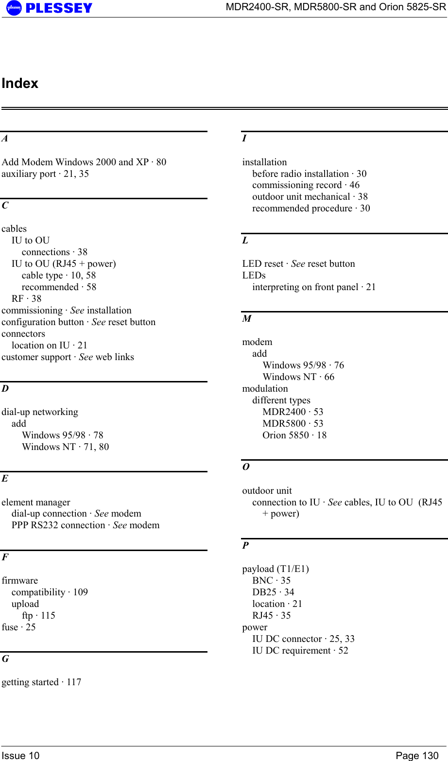      MDR2400-SR, MDR5800-SR and Orion 5825-SR  Issue 10    Page 130  Index  A Add Modem Windows 2000 and XP · 80 auxiliary port · 21, 35 C cables IU to OU connections · 38 IU to OU (RJ45 + power) cable type · 10, 58 recommended · 58 RF · 38 commissioning · See installation  configuration button · See reset button connectors location on IU · 21 customer support · See web links D dial-up networking add Windows 95/98 · 78 Windows NT · 71, 80 E element manager dial-up connection · See modem PPP RS232 connection · See modem F firmware compatibility · 109 upload ftp · 115 fuse · 25 G getting started · 117 I installation before radio installation · 30 commissioning record · 46 outdoor unit mechanical · 38 recommended procedure · 30 L LED reset · See reset button LEDs interpreting on front panel · 21 M modem add Windows 95/98 · 76 Windows NT · 66 modulation different types MDR2400 · 53 MDR5800 · 53 Orion 5850 · 18 O outdoor unit connection to IU · See cables, IU to OU  (RJ45 + power) P payload (T1/E1) BNC · 35 DB25 · 34 location · 21 RJ45 · 35 power IU DC connector · 25, 33 IU DC requirement · 52 
