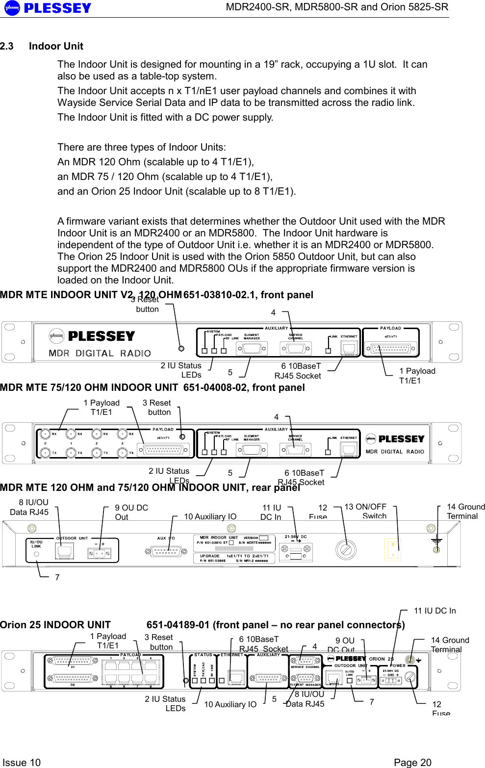      MDR2400-SR, MDR5800-SR and Orion 5825-SR    Issue 10    Page 20 2.3 Indoor Unit The Indoor Unit is designed for mounting in a 19” rack, occupying a 1U slot.  It can also be used as a table-top system. The Indoor Unit accepts n x T1/nE1 user payload channels and combines it with Wayside Service Serial Data and IP data to be transmitted across the radio link. The Indoor Unit is fitted with a DC power supply.  There are three types of Indoor Units: An MDR 120 Ohm (scalable up to 4 T1/E1),  an MDR 75 / 120 Ohm (scalable up to 4 T1/E1), and an Orion 25 Indoor Unit (scalable up to 8 T1/E1).    A firmware variant exists that determines whether the Outdoor Unit used with the MDR Indoor Unit is an MDR2400 or an MDR5800.  The Indoor Unit hardware is independent of the type of Outdoor Unit i.e. whether it is an MDR2400 or MDR5800.  The Orion 25 Indoor Unit is used with the Orion 5850 Outdoor Unit, but can also support the MDR2400 and MDR5800 OUs if the appropriate firmware version is loaded on the Indoor Unit. MDR MTE INDOOR UNIT V2, 120 OHM 651-03810-02.1, front panel   MDR MTE 75/120 OHM INDOOR UNIT  651-04008-02, front panel   MDR MTE 120 OHM and 75/120 OHM INDOOR UNIT, rear panel     Orion 25 INDOOR UNIT  651-04189-01 (front panel – no rear panel connectors)     1 Payload T1/E1 1 Payload T1/E1 2 IU StatusLEDs2 IU StatusLEDs2 IU Status LEDs3 Reset button3 Resetbutton3 Reset button9 OUDC Out9 OU DC Out 4 445556 10BaseT RJ45 Socket6 10BaseTRJ45 Socket6 10BaseT RJ45  Socket7 7 8 IU/OU Data RJ458 IU/OU Data RJ4510 Auxiliary IO 10 Auxiliary IO11 IUDC In11 IU DC In 12Fuse12 Fuse13 ON/OFFSwitch14 Ground Terminal14 Ground Terminal  1 Payload T1/E1 