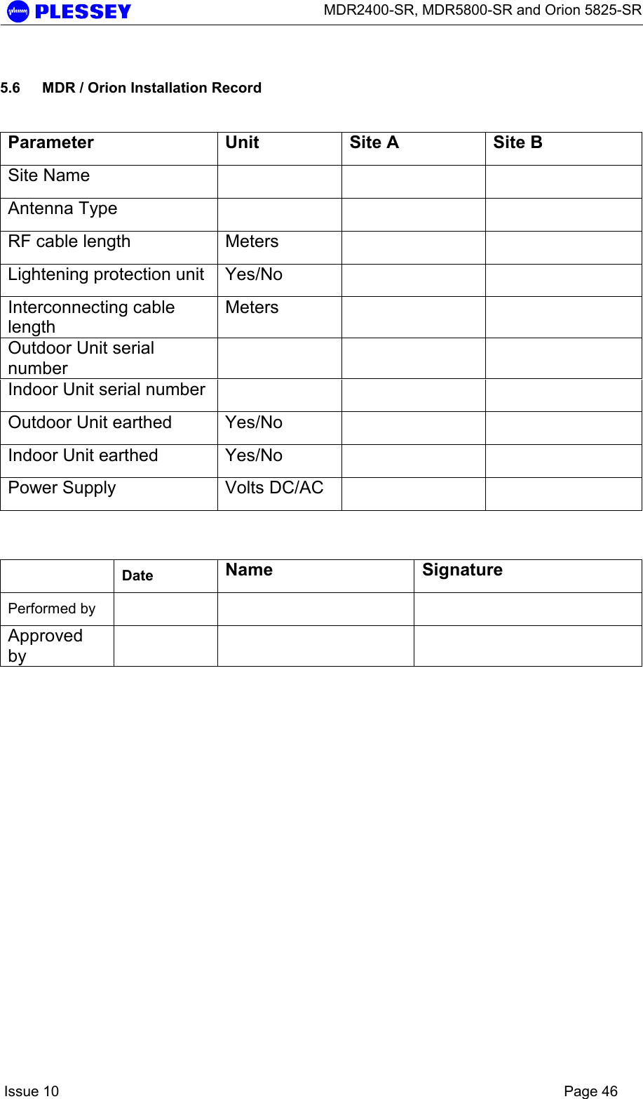      MDR2400-SR, MDR5800-SR and Orion 5825-SR    Issue 10    Page 46  5.6  MDR / Orion Installation Record  Parameter  Unit  Site A  Site B Site Name       Antenna Type       RF cable length  Meters     Lightening protection unit  Yes/No     Interconnecting cable length Meters    Outdoor Unit serial number     Indoor Unit serial number       Outdoor Unit earthed  Yes/No     Indoor Unit earthed  Yes/No     Power Supply  Volts DC/AC        Date  Name Signature Performed by      Approved by       