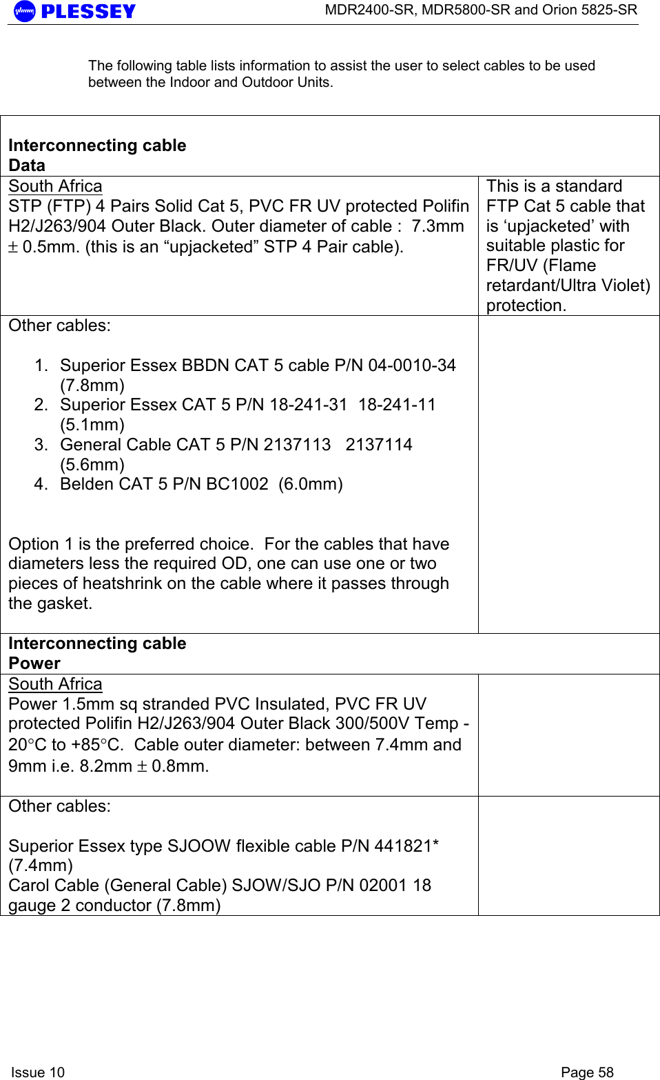      MDR2400-SR, MDR5800-SR and Orion 5825-SR    Issue 10    Page 58 The following table lists information to assist the user to select cables to be used between the Indoor and Outdoor Units.   Interconnecting cable Data  South Africa STP (FTP) 4 Pairs Solid Cat 5, PVC FR UV protected Polifin H2/J263/904 Outer Black. Outer diameter of cable :  7.3mm ± 0.5mm. (this is an “upjacketed” STP 4 Pair cable).  This is a standard FTP Cat 5 cable that is ‘upjacketed’ with suitable plastic for FR/UV (Flame retardant/Ultra Violet) protection. Other cables:  1.  Superior Essex BBDN CAT 5 cable P/N 04-0010-34 (7.8mm) 2.  Superior Essex CAT 5 P/N 18-241-31  18-241-11 (5.1mm) 3.  General Cable CAT 5 P/N 2137113   2137114  (5.6mm) 4.  Belden CAT 5 P/N BC1002  (6.0mm)   Option 1 is the preferred choice.  For the cables that have diameters less the required OD, one can use one or two pieces of heatshrink on the cable where it passes through the gasket.     Interconnecting cable Power South Africa Power 1.5mm sq stranded PVC Insulated, PVC FR UV protected Polifin H2/J263/904 Outer Black 300/500V Temp -20°C to +85°C.  Cable outer diameter: between 7.4mm and 9mm i.e. 8.2mm ± 0.8mm.     Other cables:  Superior Essex type SJOOW flexible cable P/N 441821* (7.4mm) Carol Cable (General Cable) SJOW/SJO P/N 02001 18 gauge 2 conductor (7.8mm)     