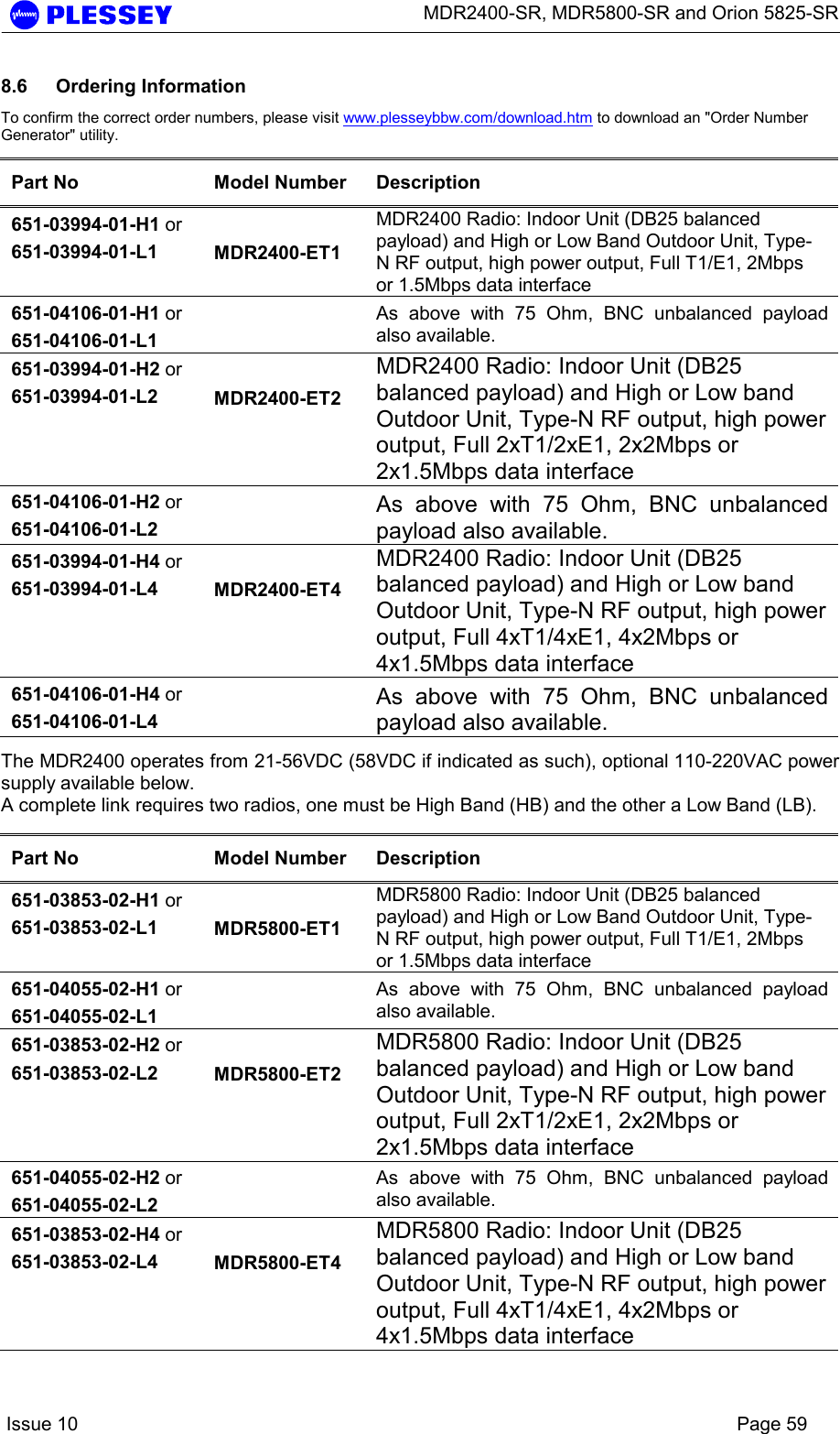      MDR2400-SR, MDR5800-SR and Orion 5825-SR    Issue 10    Page 59 8.6 Ordering Information To confirm the correct order numbers, please visit www.plesseybbw.com/download.htm to download an &quot;Order Number Generator&quot; utility.  Part No  Model Number  Description 651-03994-01-H1 or 651-03994-01-L1 MDR2400-ET1 MDR2400 Radio: Indoor Unit (DB25 balanced payload) and High or Low Band Outdoor Unit, Type-N RF output, high power output, Full T1/E1, 2Mbps or 1.5Mbps data interface  651-04106-01-H1 or 651-04106-01-L1  As above with 75 Ohm, BNC unbalanced payload also available. 651-03994-01-H2 or 651-03994-01-L2 MDR2400-ET2 MDR2400 Radio: Indoor Unit (DB25 balanced payload) and High or Low band Outdoor Unit, Type-N RF output, high power output, Full 2xT1/2xE1, 2x2Mbps or 2x1.5Mbps data interface 651-04106-01-H2 or 651-04106-01-L2  As above with 75 Ohm, BNC unbalanced payload also available. 651-03994-01-H4 or 651-03994-01-L4 MDR2400-ET4 MDR2400 Radio: Indoor Unit (DB25 balanced payload) and High or Low band Outdoor Unit, Type-N RF output, high power output, Full 4xT1/4xE1, 4x2Mbps or 4x1.5Mbps data interface 651-04106-01-H4 or 651-04106-01-L4  As above with 75 Ohm, BNC unbalanced payload also available.  The MDR2400 operates from 21-56VDC (58VDC if indicated as such), optional 110-220VAC power supply available below. A complete link requires two radios, one must be High Band (HB) and the other a Low Band (LB).  Part No  Model Number  Description 651-03853-02-H1 or 651-03853-02-L1 MDR5800-ET1 MDR5800 Radio: Indoor Unit (DB25 balanced payload) and High or Low Band Outdoor Unit, Type-N RF output, high power output, Full T1/E1, 2Mbps or 1.5Mbps data interface  651-04055-02-H1 or 651-04055-02-L1  As above with 75 Ohm, BNC unbalanced payload also available. 651-03853-02-H2 or 651-03853-02-L2 MDR5800-ET2 MDR5800 Radio: Indoor Unit (DB25 balanced payload) and High or Low band Outdoor Unit, Type-N RF output, high power output, Full 2xT1/2xE1, 2x2Mbps or 2x1.5Mbps data interface 651-04055-02-H2 or 651-04055-02-L2  As above with 75 Ohm, BNC unbalanced payload also available. 651-03853-02-H4 or 651-03853-02-L4 MDR5800-ET4 MDR5800 Radio: Indoor Unit (DB25 balanced payload) and High or Low band Outdoor Unit, Type-N RF output, high power output, Full 4xT1/4xE1, 4x2Mbps or 4x1.5Mbps data interface 