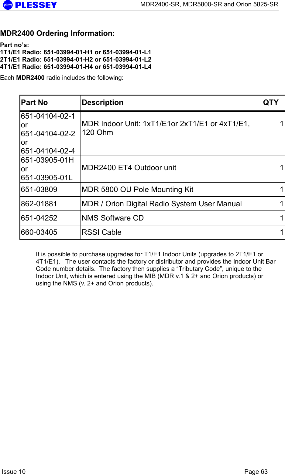      MDR2400-SR, MDR5800-SR and Orion 5825-SR    Issue 10    Page 63 MDR2400 Ordering Information: Part no’s: 1T1/E1 Radio: 651-03994-01-H1 or 651-03994-01-L1 2T1/E1 Radio: 651-03994-01-H2 or 651-03994-01-L2 4T1/E1 Radio: 651-03994-01-H4 or 651-03994-01-L4 Each MDR2400 radio includes the following:  Part No  Description  QTY 651-04104-02-1 or 651-04104-02-2 or 651-04104-02-4 MDR Indoor Unit: 1xT1/E1or 2xT1/E1 or 4xT1/E1, 120 Ohm 1651-03905-01H or 651-03905-01L MDR2400 ET4 Outdoor unit  1651-03809  MDR 5800 OU Pole Mounting Kit  1862-01881  MDR / Orion Digital Radio System User Manual  1651-04252  NMS Software CD  1660-03405 RSSI Cable  1 It is possible to purchase upgrades for T1/E1 Indoor Units (upgrades to 2T1/E1 or 4T1/E1).   The user contacts the factory or distributor and provides the Indoor Unit Bar Code number details.  The factory then supplies a “Tributary Code”, unique to the Indoor Unit, which is entered using the MIB (MDR v.1 &amp; 2+ and Orion products) or using the NMS (v. 2+ and Orion products). 