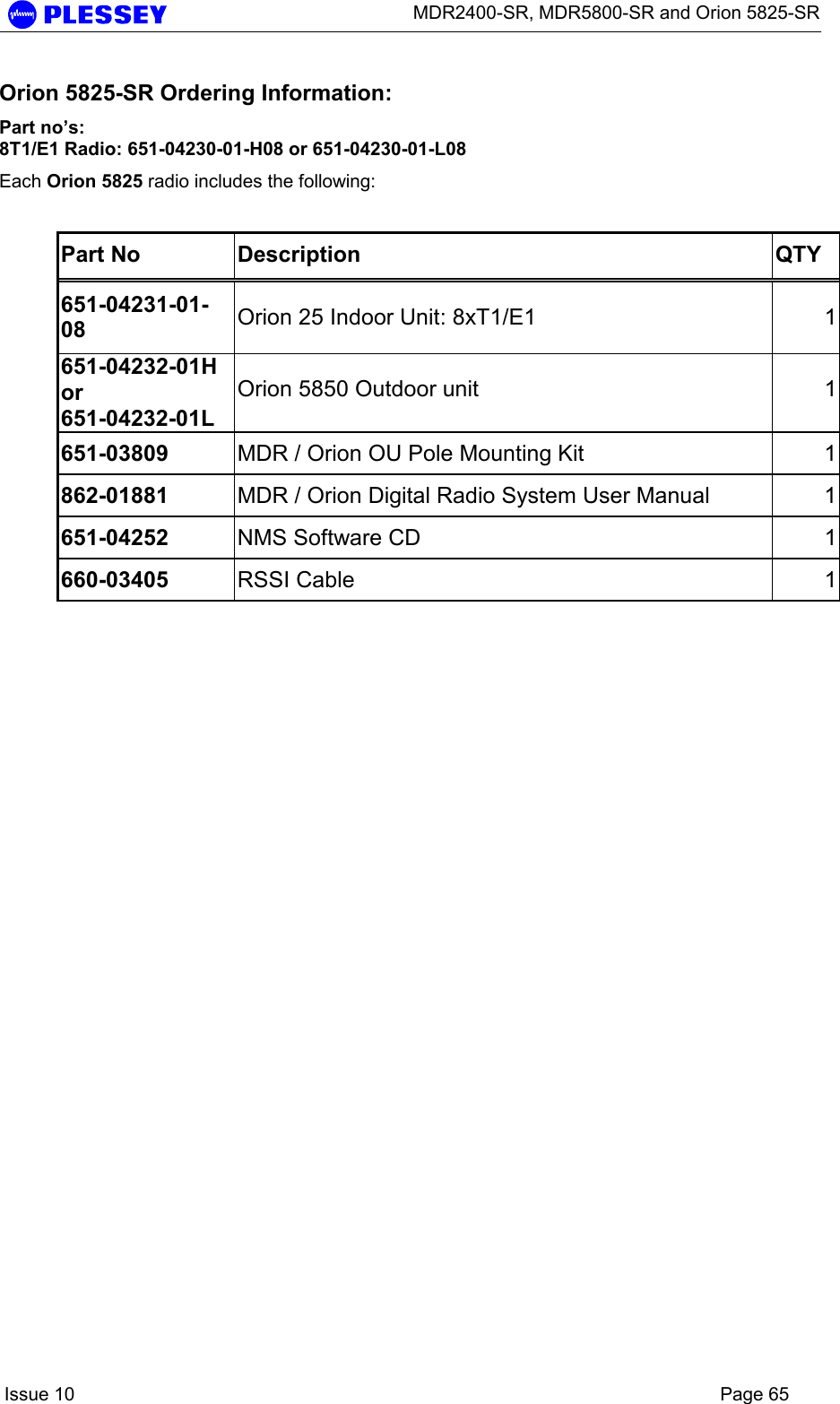      MDR2400-SR, MDR5800-SR and Orion 5825-SR    Issue 10    Page 65 Orion 5825-SR Ordering Information: Part no’s: 8T1/E1 Radio: 651-04230-01-H08 or 651-04230-01-L08 Each Orion 5825 radio includes the following:  Part No  Description  QTY 651-04231-01-08  Orion 25 Indoor Unit: 8xT1/E1  1651-04232-01H or 651-04232-01L Orion 5850 Outdoor unit  1651-03809  MDR / Orion OU Pole Mounting Kit  1862-01881  MDR / Orion Digital Radio System User Manual  1651-04252  NMS Software CD  1660-03405  RSSI Cable  1   