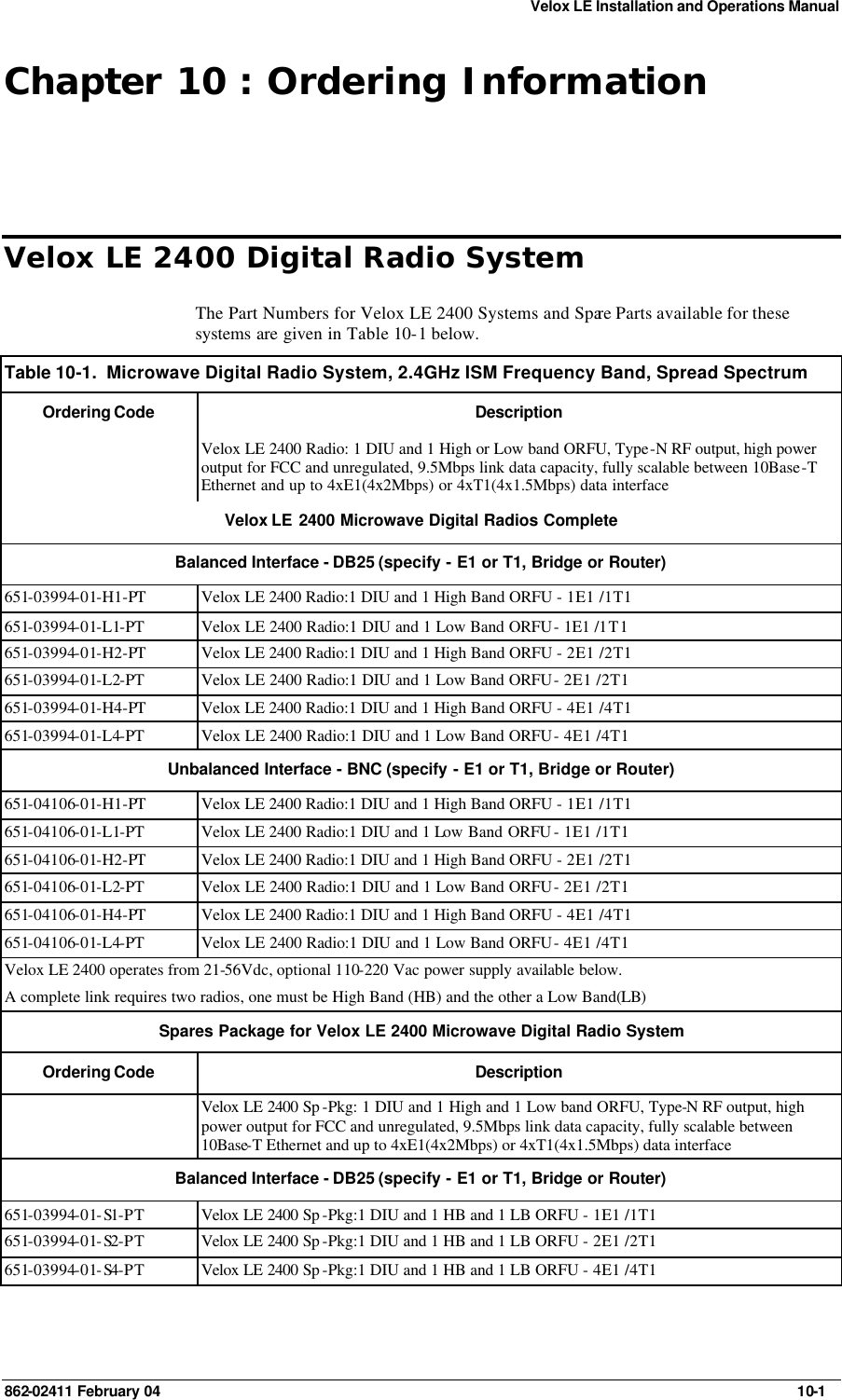 Velox LE Installation and Operations Manual 862-02411 February 04     10-1 Chapter 10 : Ordering Information Velox LE 2400 Digital Radio System The Part Numbers for Velox LE 2400 Systems and Spare Parts available for these systems are given in Table 10-1 below. Table 10-1.  Microwave Digital Radio System, 2.4GHz ISM Frequency Band, Spread Spectrum  Ordering Code Description  Velox LE 2400 Radio: 1 DIU and 1 High or Low band ORFU, Type-N RF output, high power output for FCC and unregulated, 9.5Mbps link data capacity, fully scalable between 10Base-T Ethernet and up to 4xE1(4x2Mbps) or 4xT1(4x1.5Mbps) data interface Velox LE  2400 Microwave Digital Radios Complete Balanced Interface - DB25 (specify - E1 or T1, Bridge or Router) 651-03994-01-H1-PT  Velox LE 2400 Radio:1 DIU and 1 High Band ORFU - 1E1 /1T1 651-03994-01-L1-PT Velox LE 2400 Radio:1 DIU and 1 Low Band ORFU - 1E1 /1T1 651-03994-01-H2-PT  Velox LE 2400 Radio:1 DIU and 1 High Band ORFU - 2E1 /2T1 651-03994-01-L2-PT Velox LE 2400 Radio:1 DIU and 1 Low Band ORFU - 2E1 /2T1 651-03994-01-H4-PT  Velox LE 2400 Radio:1 DIU and 1 High Band ORFU - 4E1 /4T1 651-03994-01-L4-PT Velox LE 2400 Radio:1 DIU and 1 Low Band ORFU - 4E1 /4T1 Unbalanced Interface - BNC (specify - E1 or T1, Bridge or Router) 651-04106-01-H1-PT  Velox LE 2400 Radio:1 DIU and 1 High Band ORFU - 1E1 /1T1 651-04106-01-L1-PT Velox LE 2400 Radio:1 DIU and 1 Low Band ORFU - 1E1 /1T1 651-04106-01-H2-PT  Velox LE 2400 Radio:1 DIU and 1 High Band ORFU - 2E1 /2T1 651-04106-01-L2-PT Velox LE 2400 Radio:1 DIU and 1 Low Band ORFU - 2E1 /2T1 651-04106-01-H4-PT  Velox LE 2400 Radio:1 DIU and 1 High Band ORFU - 4E1 /4T1 651-04106-01-L4-PT Velox LE 2400 Radio:1 DIU and 1 Low Band ORFU - 4E1 /4T1 Velox LE 2400 operates from 21-56Vdc, optional 110-220 Vac power supply available below. A complete link requires two radios, one must be High Band (HB) and the other a Low Band (LB)  Spares Package for Velox LE 2400 Microwave Digital Radio System  Ordering Code Description  Velox LE 2400 Sp -Pkg: 1 DIU and 1 High and 1 Low band ORFU, Type-N RF output, high power output for FCC and unregulated, 9.5Mbps link data capacity, fully scalable between 10Base-T Ethernet and up to 4xE1(4x2Mbps) or 4xT1(4x1.5Mbps) data interface Balanced Interface - DB25 (specify - E1 or T1, Bridge or Router) 651-03994-01-S1-PT Velox LE 2400 Sp -Pkg:1 DIU and 1 HB and 1 LB ORFU - 1E1 /1T1 651-03994-01-S2-PT Velox LE 2400 Sp -Pkg:1 DIU and 1 HB and 1 LB ORFU - 2E1 /2T1 651-03994-01-S4-PT Velox LE 2400 Sp -Pkg:1 DIU and 1 HB and 1 LB ORFU - 4E1 /4T1 