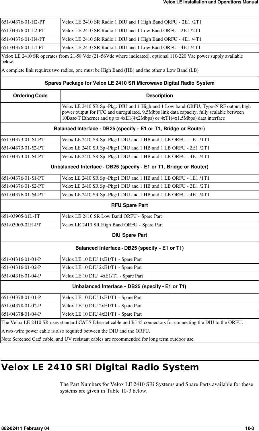 Velox LE Installation and Operations Manual 862-02411 February 04     10-3 651-04376-01-H2-PT  Velox LE 2410 SR Radio:1 DIU and 1 High Band ORFU - 2E1 /2T1 651-04376-01-L2-PT Velox LE 2410 SR Radio:1 DIU and 1 Low Band ORFU - 2E1 /2T1 651-04376-01-H4-PT  Velox LE 2410 SR Radio:1 DIU and 1 High Band ORFU - 4E1 /4T1 651-04376-01-L4-PT Velox LE 2410 SR Radio:1 DIU and 1 Low Band ORFU - 4E1 /4T1 Velox LE 2410 SR operates from 21-58 Vdc (21-56Vdc where indicated), optional 110-220 Vac power supply available below. A complete link requires two radios, one must be High Band (HB) and the other a Low Band (LB)  Spares Package for Velox LE 2410 SR Microwave Digital Radio System  Ordering Code Description  Velox LE 2410 SR Sp -Pkg: DIU and 1 High and 1 Low band ORFU, Type-N RF output, high power output for FCC and unregulated, 9.5Mbps link data capacity, fully scalable between 10Base-T Ethernet and up to 4xE1(4x2Mbps) or 4xT1(4x1.5Mbps) data interface Balanced Interface - DB25 (specify - E1 or T1, Bridge or Router) 651-04373-01-S1-PT Velox LE 2410 SR Sp -Pkg:1 DIU and 1 HB and 1 LB ORFU - 1E1 /1T1 651-04373-01-S2-PT Velox LE 2410 SR Sp -Pkg:1 DIU and 1 HB and 1 LB ORFU - 2E1 /2T1 651-04373-01-S4-PT Velox LE 2410 SR Sp -Pkg:1 DIU and 1 HB and 1 LB ORFU - 4E1 /4T1 Unbalanced Interface - DB25 (specify - E1 or T1, Bridge or Router) 651-04376-01-S1-PT Velox LE 2410 SR Sp -Pkg:1 DIU and 1 HB and 1 LB ORFU - 1E1 /1T1 651-04376-01-S2-PT Velox LE 2410 SR Sp -Pkg:1 DIU and 1 HB and 1 LB ORFU - 2E1 /2T1 651-04376-01-S4-PT Velox LE 2410 SR Sp -Pkg:1 DIU and 1 HB and 1 LB ORFU - 4E1 /4T1 RFU Spare Part 651-03905-01L-PT  Velox LE 2410 SR Low Band ORFU - Spare Part 651-03905-01H -PT  Velox LE 2410 SR High Band ORFU - Spare Part DIU Spare Part Balanced Interface - DB25 (specify - E1 or T1) 651-04316-01-01-P Velox LE 10 DIU 1xE1/T1 - Spare Part 651-04316-01-02-P Velox LE 10 DIU 2xE1/T1 - Spare Part 651-04316-01-04-P Velox LE 10 DIU  4xE1/T1 - Spare Part Unbalanced Interface - DB25 (specify - E1 or T1)  651-04378-01-01-P Velox LE 10 DIU 1xE1/T1 - Spare Part 651-04378-01-02-P Velox LE 10 DIU 2xE1/T1 - Spare Part 651-04378-01-04-P Velox LE 10 DIU 4xE1/T1 - Spare Part The Velox LE 2410 SR uses standard CAT5 Ethernet cable and RJ-45 connectors for connecting the DIU to the ORFU.  A two -wire power cable is also required between the DIU and the ORFU. Note Screened Cat5 cable, and UV resistant cables are recommended for long term outdoor use. Velox LE 2410 SRi Digital Radio System The Part Numbers for Velox LE 2410 SRi Systems and Spare Parts available for these systems are given in Table 10-3 below. 