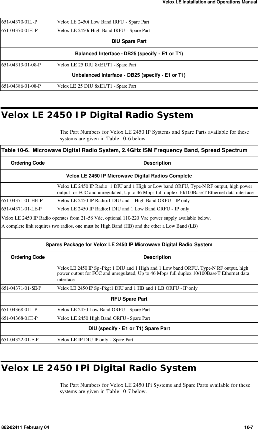 Velox LE Installation and Operations Manual 862-02411 February 04     10-7 651-04370-01L-P Velox LE 2450i Low Band IRFU - Spare Part 651-04370-01H -P Velox LE 2450i High Band IRFU - Spare Part DIU Spare Part Balanced Interface - DB25 (specify - E1 or T1) 651-04313-01-08-P Velox LE 25 DIU 8xE1/T1 - Spare Part  Unbalanced Interface - DB25 (specify - E1 or T1)  651-04386-01-08-P Velox LE 25 DIU 8xE1/T1 - Spare Part  Velox LE 2450 IP Digital Radio System The Part Numbers for Velox LE 2450 IP Systems and Spare Parts available for these systems are given in Table 10-6 below. Table 10-6.  Microwave Digital Radio System, 2.4GHz ISM Frequency Band, Spread Spectrum  Ordering Code  Description Velox LE 2450 IP Microwave Digital Radios Complete  Velox LE 2450 IP Radio: 1 DIU and 1 High or Low band ORFU, Type-N RF output, high power output for FCC and unregulated, Up to 46 Mbps full duplex 10/100Base-T Ethernet data interface 651-04371-01-HE-P Velox LE 2450 IP Radio:1 DIU and 1 High Band ORFU - IP only 651-04371-01-LE-P Velox LE 2450 IP Radio:1 DIU and 1 Low Band ORFU - IP only Velox LE 2450 IP Radio operates from 21-58 Vdc, optional 110-220 Vac power supply available below. A complete link requires two radios, one must be High Band (HB) and the other a Low Band (LB)  Spares Package for Velox LE 2450 IP Microwave Digital Radio System  Ordering Code  Description  Velox LE 2450 IP Sp -Pkg: 1 DIU and 1 High and 1 Low band ORFU, Type-N RF output, high power output for FCC and unregulated, Up to 46 Mbps full duplex 10/100Base-T Ethernet data interface 651-04371-01-SE-P Velox LE 2450 IP Sp -Pkg:1 DIU and 1 HB and 1 LB ORFU - IP only RFU Spare Part 651-04368-01L-P Velox LE 2450 Low Band ORFU - Spare Part 651-04368-01H -P Velox LE 2450 High Band ORFU - Spare Part  DIU (specify - E1 or T1) Spare Part 651-04322-01-E-P Velox LE IP DIU IP only - Spare Part Velox LE 2450 IPi Digital Radio System The Part Numbers for Velox LE 2450 IPi Systems and Spare Parts available for these systems are given in Table 10-7 below. 