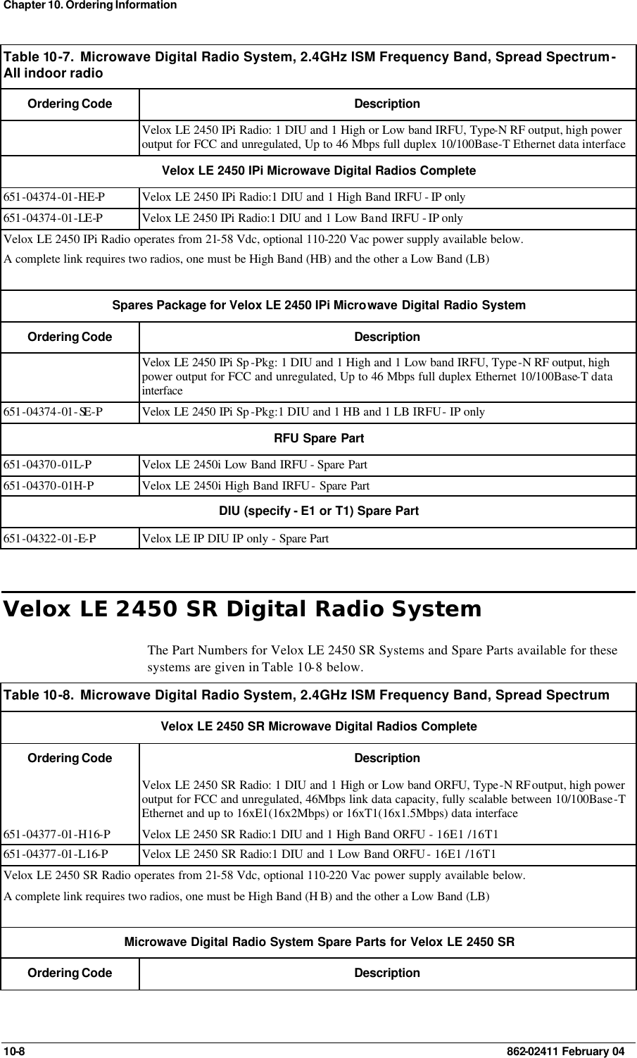 Chapter 10. Ordering Information 10-8    862-02411 February 04 Table 10 -7.  Microwave Digital Radio System, 2.4GHz ISM Frequency Band, Spread Spectrum - All indoor radio Ordering Code Description  Velox LE 2450 IPi Radio: 1 DIU and 1 High or Low band IRFU, Type-N RF output, high power output for FCC and unregulated, Up to 46 Mbps full duplex 10/100Base-T Ethernet data interface Velox LE 2450 IPi Microwave Digital Radios Complete 651-04374-01-HE-P Velox LE 2450 IPi Radio:1 DIU and 1 High Band IRFU - IP only  651-04374-01-LE-P Velox LE 2450 IPi Radio:1 DIU and 1 Low Band IRFU - IP only  Velox LE 2450 IPi Radio operates from 21-58 Vdc, optional 110-220 Vac power supply available below. A complete link requires two radios, one must be High Band (HB) and the other a Low Band (LB) Spares Package for Velox LE 2450 IPi Microwave Digital Radio System  Ordering Code Description  Velox LE 2450 IPi Sp -Pkg: 1 DIU and 1 High and 1 Low band IRFU, Type-N RF output, high power output for FCC and unregulated, Up to 46 Mbps full duplex Ethernet 10/100Base-T data interface 651-04374-01-SE -P Velox LE 2450 IPi Sp -Pkg:1 DIU and 1 HB and 1 LB IRFU - IP only RFU Spare Part 651-04370-01L-P Velox LE 2450i Low Band IRFU - Spare Part 651-04370-01H-P Velox LE 2450i High Band IRFU - Spare Part DIU (specify - E1 or T1) Spare Part 651-04322-01-E-P Velox LE IP DIU IP only - Spare Part Velox LE 2450 SR Digital Radio System The Part Numbers for Velox LE 2450 SR Systems and Spare Parts available for these systems are given in Table 10-8 below. Table 10 -8.  Microwave Digital Radio System, 2.4GHz ISM Frequency Band, Spread Spectrum  Velox LE 2450 SR Microwave Digital Radios Complete Ordering Code Description  Velox LE 2450 SR Radio: 1 DIU and 1 High or Low band ORFU, Type-N RF output, high power output for FCC and unregulated, 46Mbps link data capacity, fully scalable between 10/100Base-T Ethernet and up to 16xE1(16x2Mbps) or 16xT1(16x1.5Mbps) data interface 651-04377-01-H16-P Velox LE 2450 SR Radio:1 DIU and 1 High Band ORFU - 16E1 /16T1 651-04377-01-L16-P Velox LE 2450 SR Radio:1 DIU and 1 Low Band ORFU - 16E1 /16T1 Velox LE 2450 SR Radio operates from 21-58 Vdc, optional 110-220 Vac power supply available below. A complete link requires two radios, one must be High Band (H B) and the other a Low Band (LB) Microwave Digital Radio System Spare Parts for Velox LE 2450 SR Ordering Code Description 