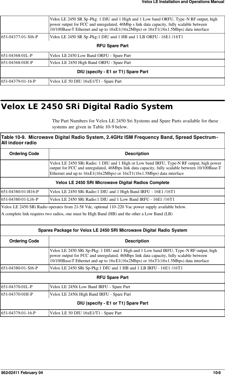 Velox LE Installation and Operations Manual 862-02411 February 04     10-9  Velox LE 2450 SR Sp -Pkg: 1 DIU and 1 High and 1 Low band ORFU, Type-N RF output, high power output for FCC and unregulated, 46Mbp s link data capacity, fully scalable between 10/100Base-T Ethernet and up to 16xE1(16x2Mbps) or 16xT1(16x1.5Mbps) data interface 651-04377-01-S16-P Velox LE 2450 SR Sp -Pkg:1 DIU and 1 HB and 1 LB ORFU - 16E1 /16T1 RFU Spare Part 651-04368-01L-P Velox LE 2450 Low Band ORFU - Spare Part 651-04368-01H -P Velox LE 2450 High Band ORFU - Spare Part  DIU (specify - E1 or T1) Spare Part 651-04379-01-16-P Velox LE 50 DIU 16xE1/T1 - Spare Part Velox LE 2450 SRi Digital Radio System The Part Numbers for Velox LE 2450 Sri Systems and Spare Parts available for these systems are given in Table 10-9 below. Table 10-9.  Microwave Digital Radio System, 2.4GHz ISM Frequency Band, Spread Spectrum - All indoor radio  Ordering Code  Description  Velox LE 2450 SRi Radio: 1 DIU and 1 High or Low band IRFU, Type-N RF output, high power output for FCC and unregulated, 46Mbps link data capacity, fully scalable between 10/100Base-T Ethernet and up to 16xE1(16x2Mbps) or 16xT1(16x1.5Mbps) data interface Velox LE 2450 SRi Microwave Digital Radios Complete 651-04380-01-H16-P Velox LE 2450 SRi Radio:1 DIU and 1 High Band IRFU - 16E1 /16T1 651-04380-01-L16-P Velox LE 2450 SRi Radio:1 DIU and 1 Low Band IRFU - 16E1 /16T1 Velox LE 2450 SRi Radio operates from 21-58 Vdc, optional 110-220 Vac power supply available below. A complete link requires two radios, one must be High Band (HB) and the other a Low Band (LB)  Spares Package for Velox LE 2450 SRi Microwave Digital Radio System  Ordering Code  Description  Velox LE 2450 SRi Sp-Pkg: 1 DIU and 1 High and 1 Low band IRFU, Type-N RF output, high power output for FCC and unregulated, 46Mbps link data capacity, fully scalable between 10/100Base-T Ethernet and up to 16xE1(16x2Mbps) or 16xT1(16x1.5Mbps) data interface 651-04380-01-S16-P Velox LE 2450 SRi Sp-Pkg:1 DIU and 1 HB and 1 LB IRFU - 16E1 /16T1 RFU Spare Part 651-04370-01L-P Velox LE 2450i Low Band IRFU - Spare Part 651-04370-01H -P Velox LE 2450i High Band IRFU - Spare Part DIU (specify - E1 or T1) Spare Part 651-04379-01-16-P Velox LE 50 DIU 16xE1/T1 - Spare Part 