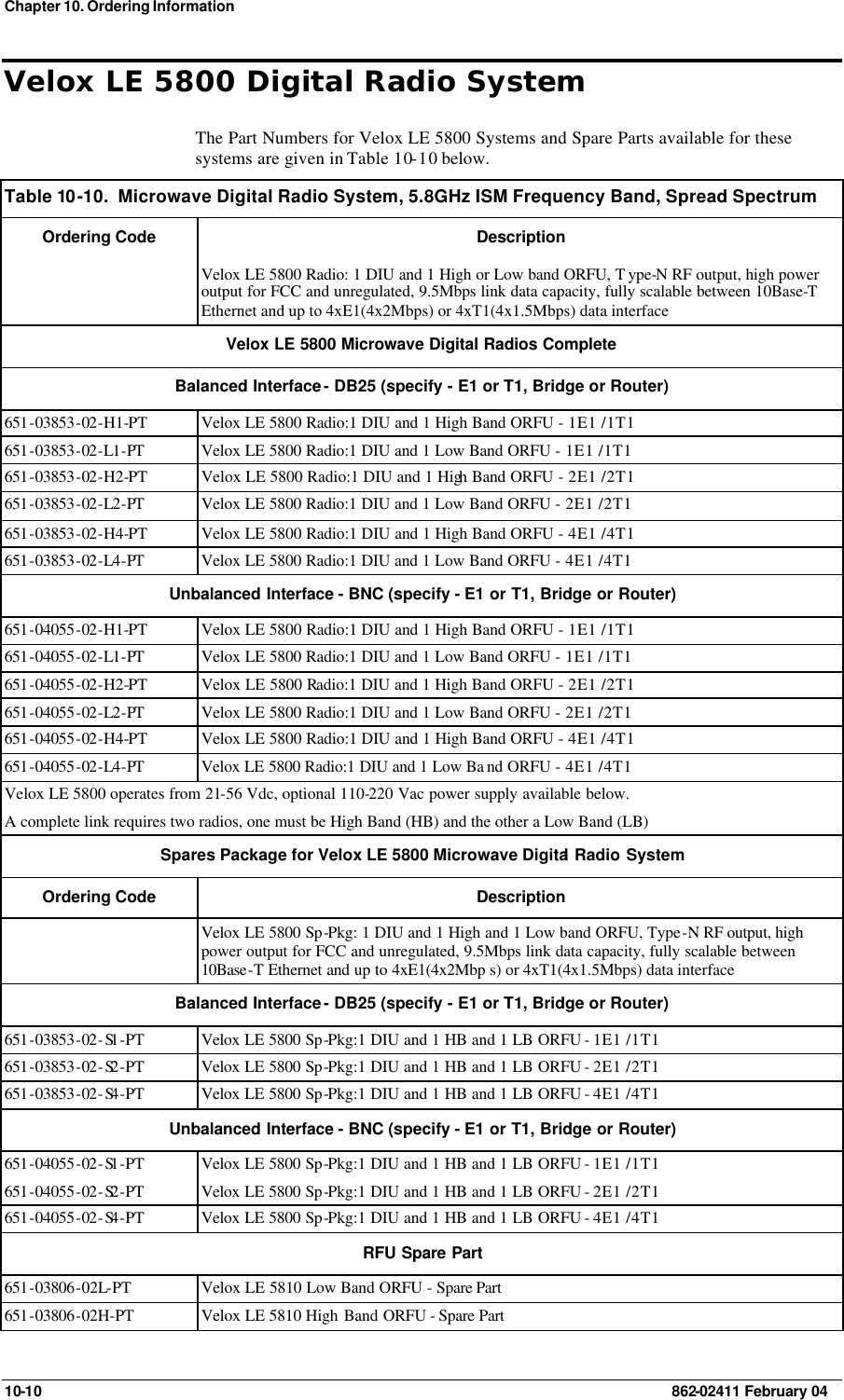 Chapter 10. Ordering Information 10-10    862-02411 February 04 Velox LE 5800 Digital Radio System The Part Numbers for Velox LE 5800 Systems and Spare Parts available for these systems are given in Table 10-10 below. Table 10 -10.  Microwave Digital Radio System, 5.8GHz ISM Frequency Band, Spread Spectrum  Ordering Code Description  Velox LE 5800 Radio: 1 DIU and 1 High or Low band ORFU, T ype-N RF output, high power output for FCC and unregulated, 9.5Mbps link data capacity, fully scalable between 10Base-T Ethernet and up to 4xE1(4x2Mbps) or 4xT1(4x1.5Mbps) data interface Velox LE 5800 Microwave Digital Radios Complete Balanced Interface - DB25 (specify - E1 or T1, Bridge or Router) 651-03853-02-H1-PT Velox LE 5800 Radio:1 DIU and 1 High Band ORFU - 1E1 /1T1 651-03853-02-L1-PT  Velox LE 5800 Radio:1 DIU and 1 Low Band ORFU - 1E1 /1T1 651-03853-02-H2-PT Velox LE 5800 Radio:1 DIU and 1 High Band ORFU - 2E1 /2T1 651-03853-02-L2-PT  Velox LE 5800 Radio:1 DIU and 1 Low Band ORFU - 2E1 /2T1 651-03853-02-H4-PT Velox LE 5800 Radio:1 DIU and 1 High Band ORFU - 4E1 /4T1 651-03853-02-L4-PT  Velox LE 5800 Radio:1 DIU and 1 Low Band ORFU - 4E1 /4T1 Unbalanced Interface - BNC (specify - E1 or T1, Bridge or Router) 651-04055-02-H1-PT Velox LE 5800 Radio:1 DIU and 1 High Band ORFU - 1E1 /1T1 651-04055-02-L1-PT  Velox LE 5800 Radio:1 DIU and 1 Low Band ORFU - 1E1 /1T1 651-04055-02-H2-PT Velox LE 5800 Radio:1 DIU and 1 High Band ORFU - 2E1 /2T1 651-04055-02-L2-PT  Velox LE 5800 Radio:1 DIU and 1 Low Band ORFU - 2E1 /2T1 651-04055-02-H4-PT Velox LE 5800 Radio:1 DIU and 1 High Band ORFU - 4E1 /4T1 651-04055-02-L4-PT  Velox LE 5800 Radio:1 DIU and 1 Low Ba nd ORFU - 4E1 /4T1 Velox LE 5800 operates from 21-56 Vdc, optional 110-220 Vac power supply available below. A complete link requires two radios, one must be High Band (HB) and the other a Low Band (LB) Spares Package for Velox LE 5800 Microwave Digital Radio System  Ordering Code Description  Velox LE 5800 Sp-Pkg: 1 DIU and 1 High and 1 Low band ORFU, Type-N RF output, high power output for FCC and unregulated, 9.5Mbps link data capacity, fully scalable between 10Base-T Ethernet and up to 4xE1(4x2Mbp s) or 4xT1(4x1.5Mbps) data interface Balanced Interface - DB25 (specify - E1 or T1, Bridge or Router) 651-03853-02-S1 -PT  Velox LE 5800 Sp-Pkg:1 DIU and 1 HB and 1 LB ORFU - 1E1 /1T1 651-03853-02-S2 -PT  Velox LE 5800 Sp-Pkg:1 DIU and 1 HB and 1 LB ORFU - 2E1 /2T1 651-03853-02-S4 -PT  Velox LE 5800 Sp-Pkg:1 DIU and 1 HB and 1 LB ORFU - 4E1 /4T1 Unbalanced Interface - BNC (specify - E1 or T1, Bridge or Router) 651-04055-02-S1 -PT  Velox LE 5800 Sp-Pkg:1 DIU and 1 HB and 1 LB ORFU - 1E1 /1T1 651-04055-02-S2 -PT Velox LE 5800 Sp-Pkg:1 DIU and 1 HB and 1 LB ORFU - 2E1 /2T1 651-04055-02-S4 -PT  Velox LE 5800 Sp-Pkg:1 DIU and 1 HB and 1 LB ORFU - 4E1 /4T1 RFU Spare Part 651-03806-02L-PT Velox LE 5810 Low Band ORFU - Spare Part  651-03806-02H-PT Velox LE 5810 High Band ORFU - Spare Part  